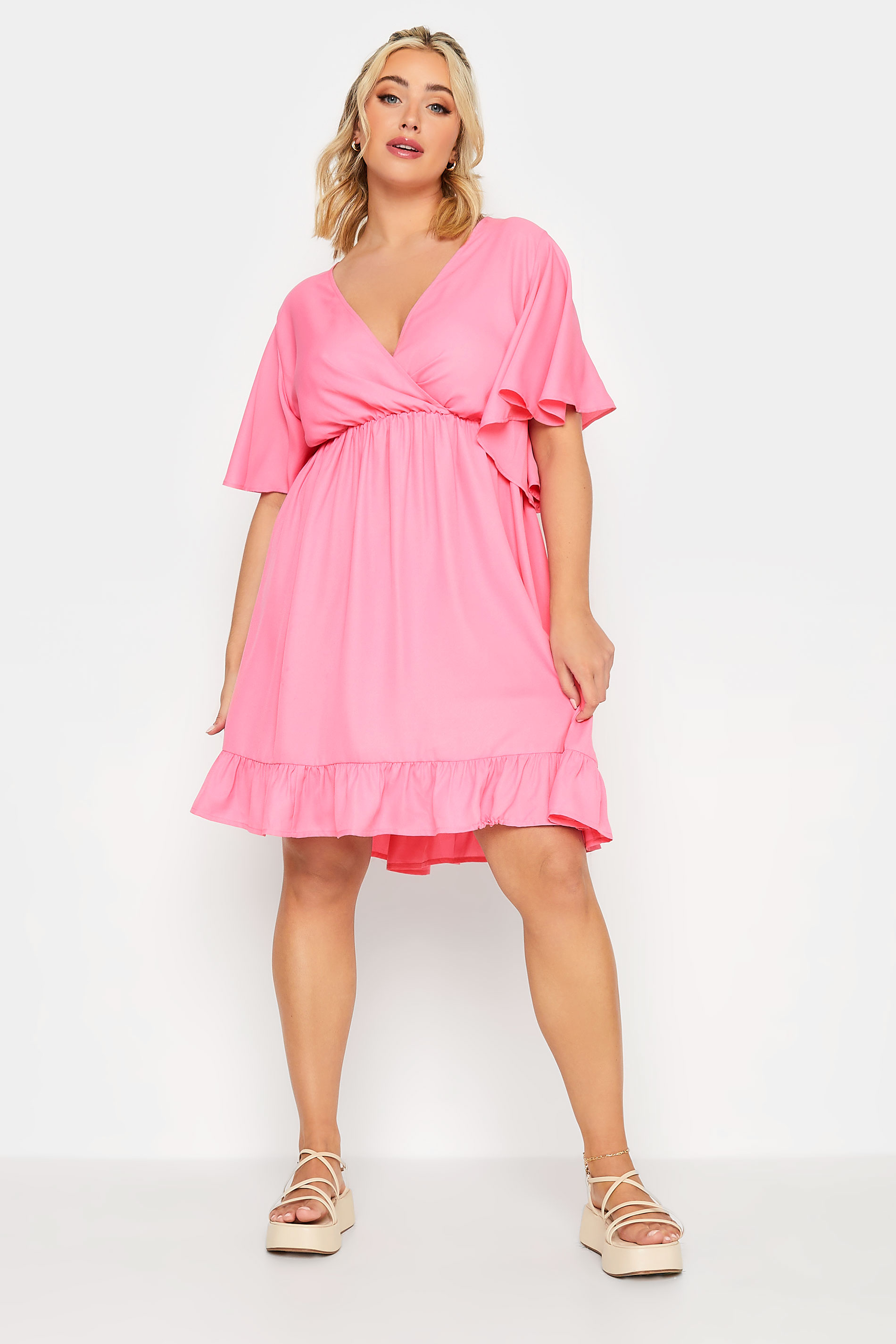 LIMITED COLLECTION Plus Size Pink Frill Sleeve Wrap Tunic Dress | Yours Clothing 3