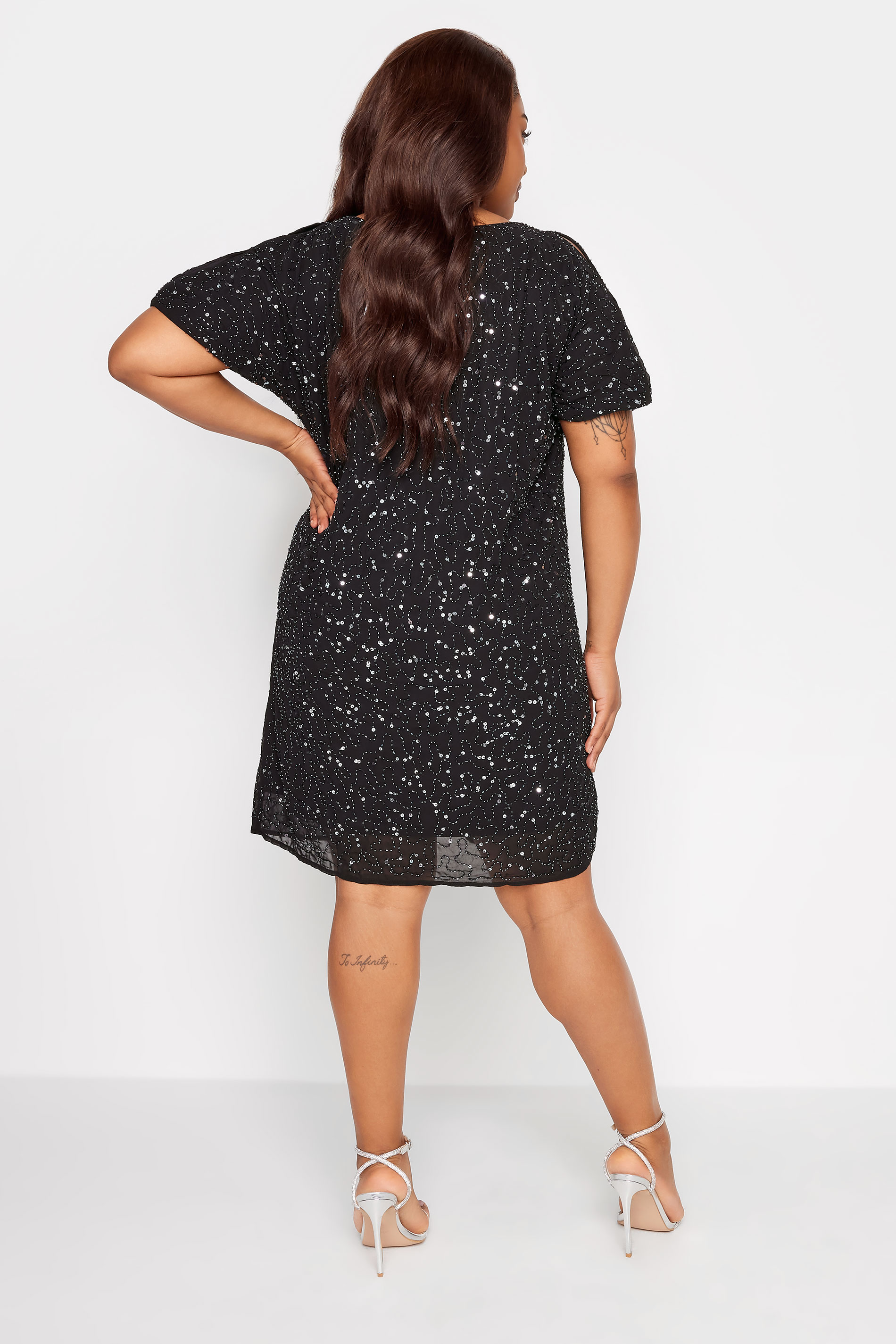 Plus Size LUXE Curve Black Sequin Hand Embellished Cold Shoulder Cape Dress | Yours Clothing 3