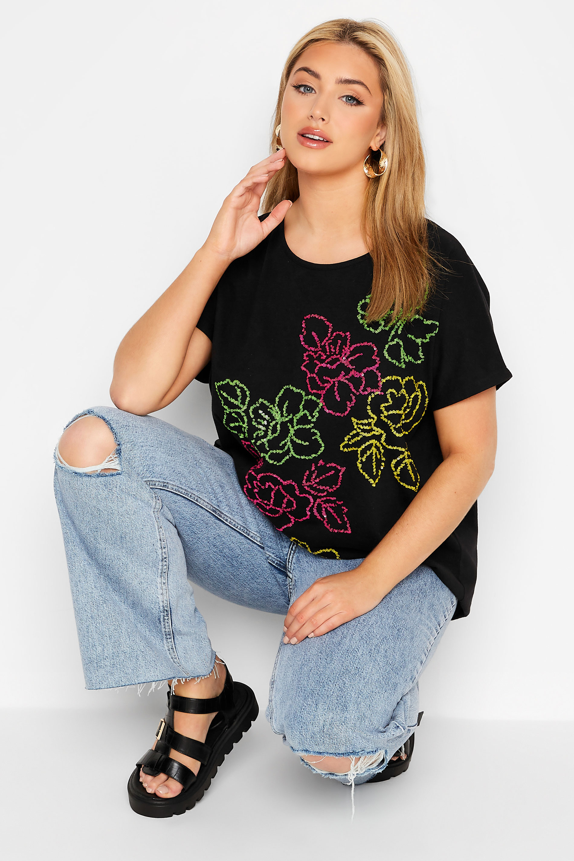 Grande taille  Tops Grande taille  T-Shirts | T-Shirt Noir Design Floral en Sequins - ON68590
