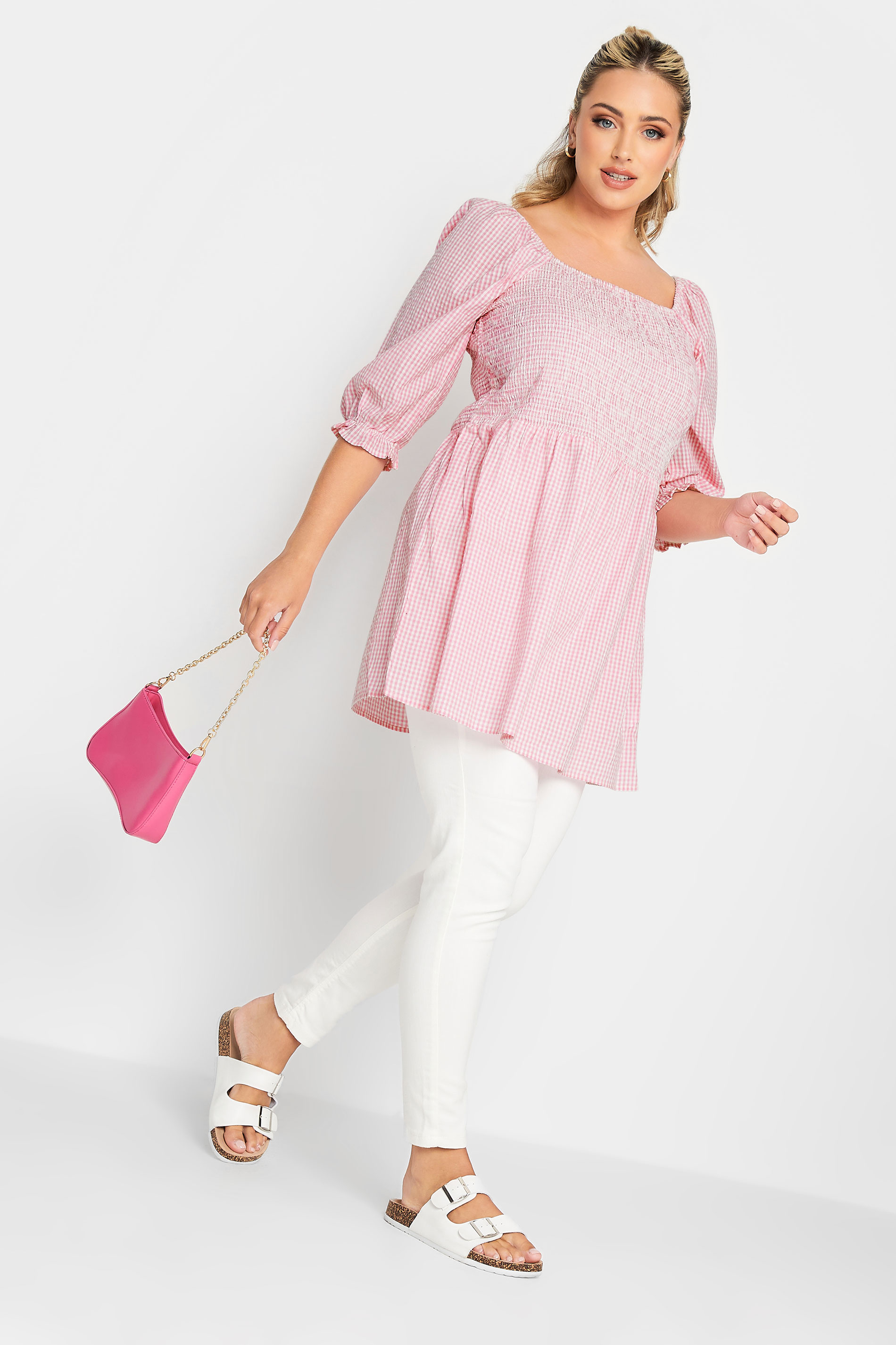 YOURS Plus Size Curve Pink Gingham Print Square Neck Shirred Top | Yours Clothing 2