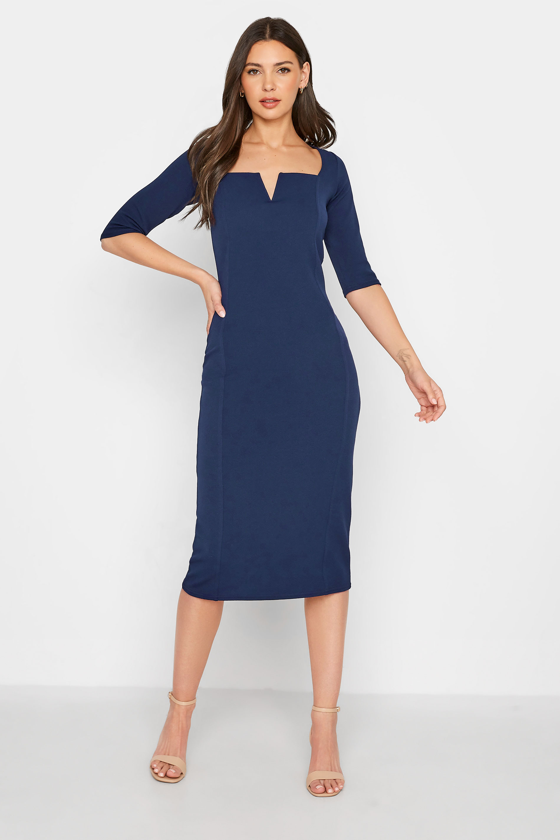 Tall Women's LTS Navy Blue Notch Neck Midi Dress | Long Tall Sally 1