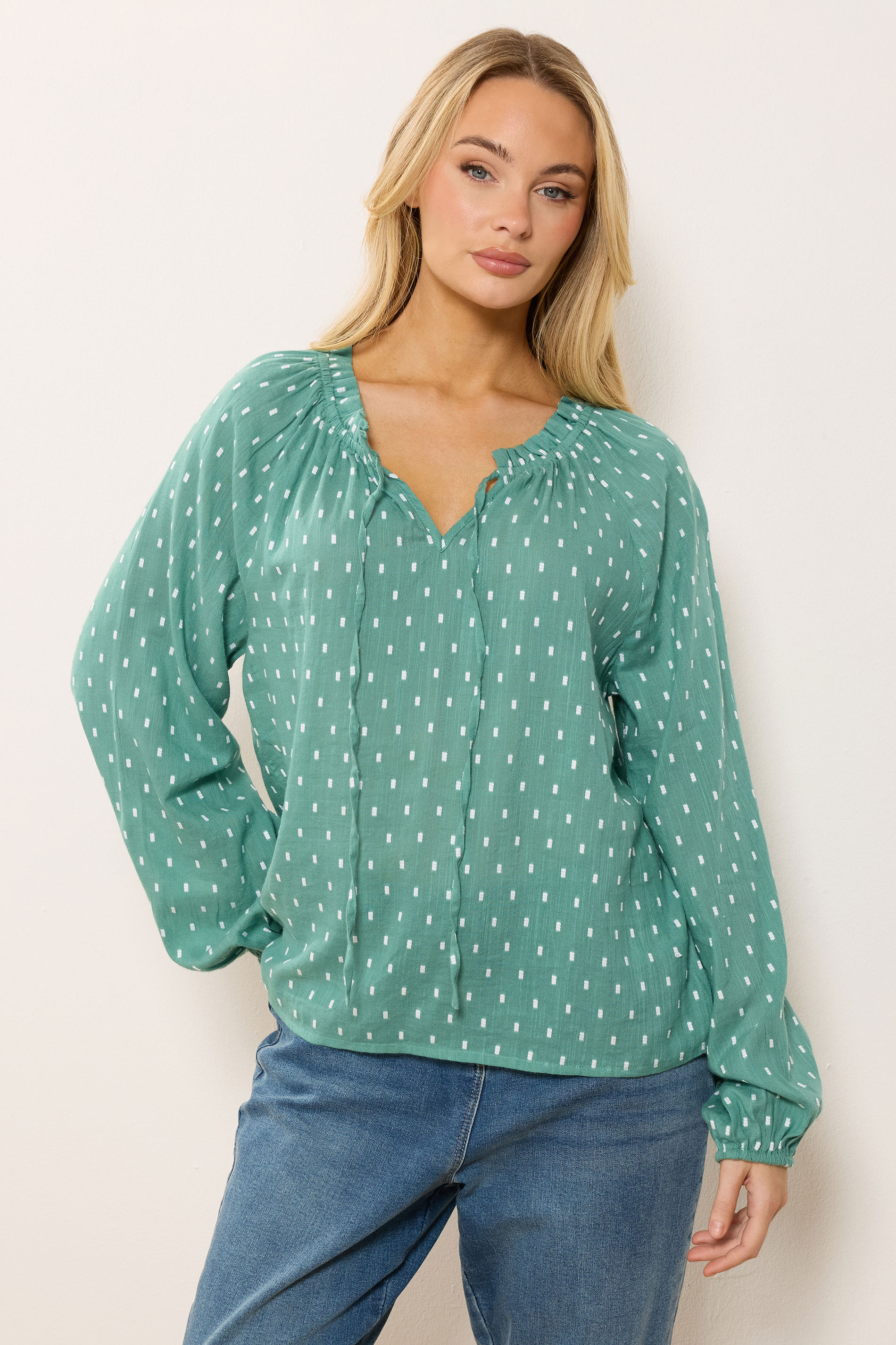 M&Co Green Dobby Tie Neck Blouse | M&Co 3