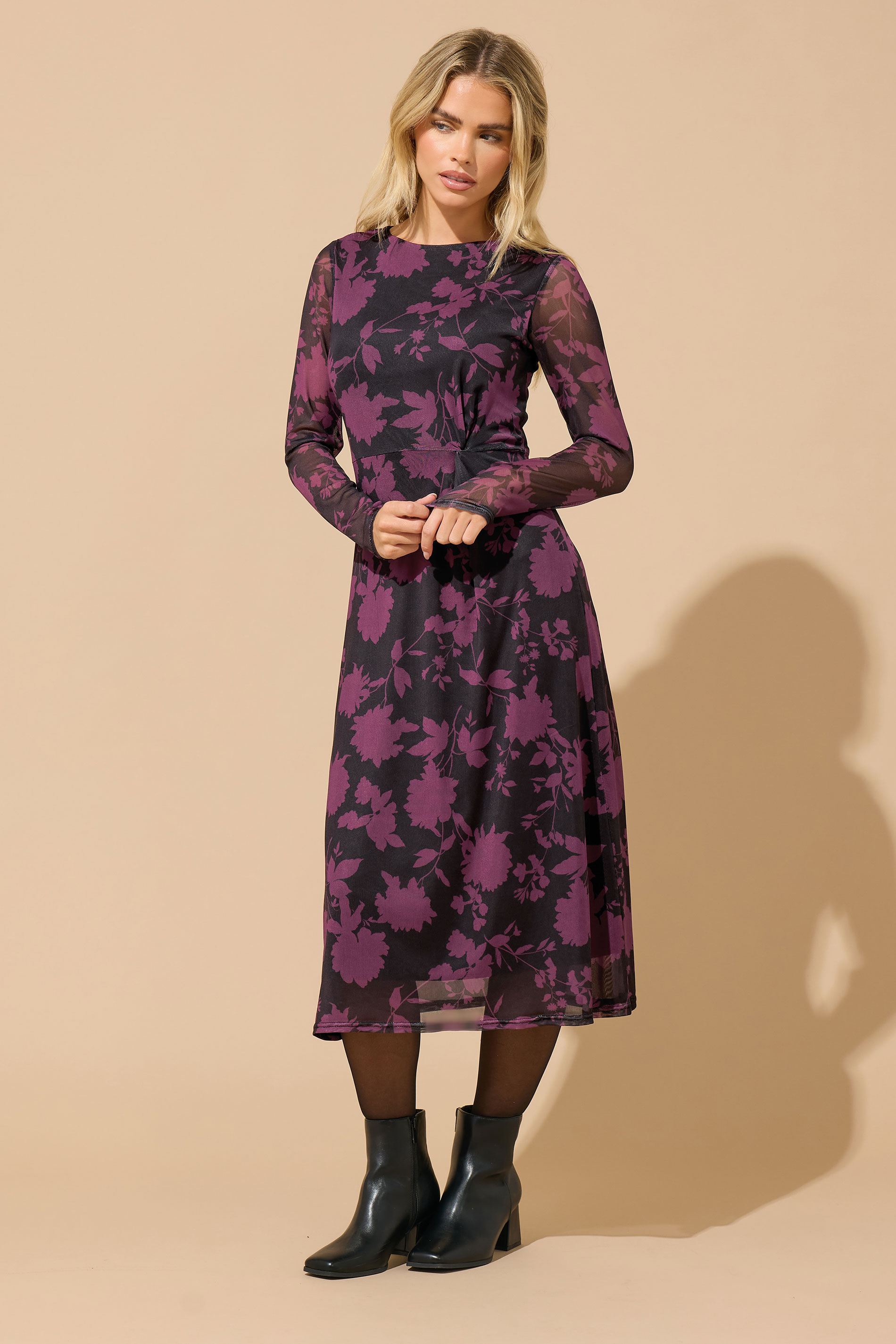 M&Co Petite Berry Purple Floral Mesh Twist Side Dress | M&Co 3