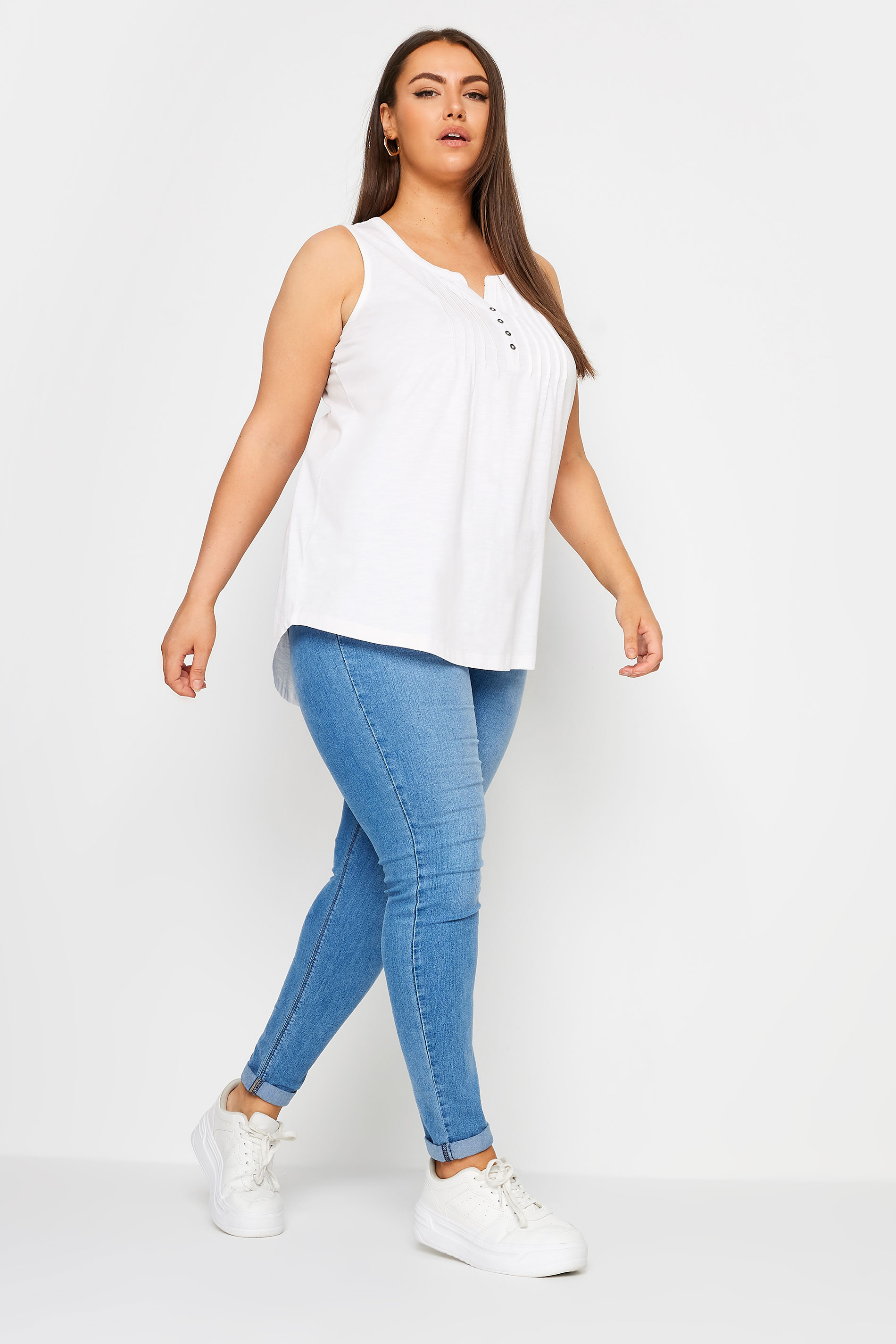 YOURS Plus Size White Pintuck Henley Vest Top | Yours Clothing 2