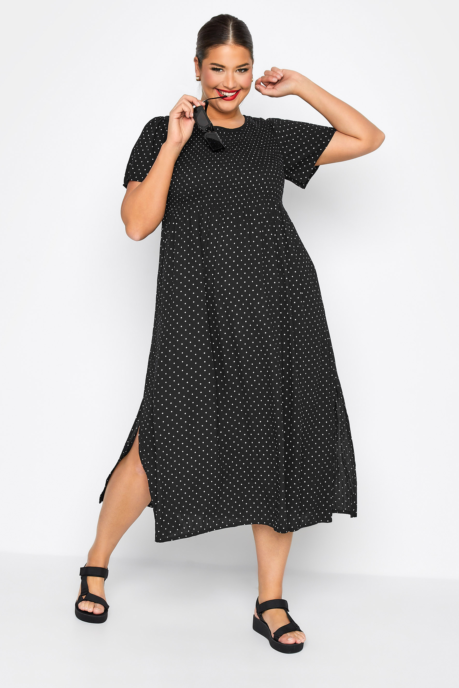 LIMITED COLLECTION Curve Black Spot Print Shirred Midaxi Dress 1