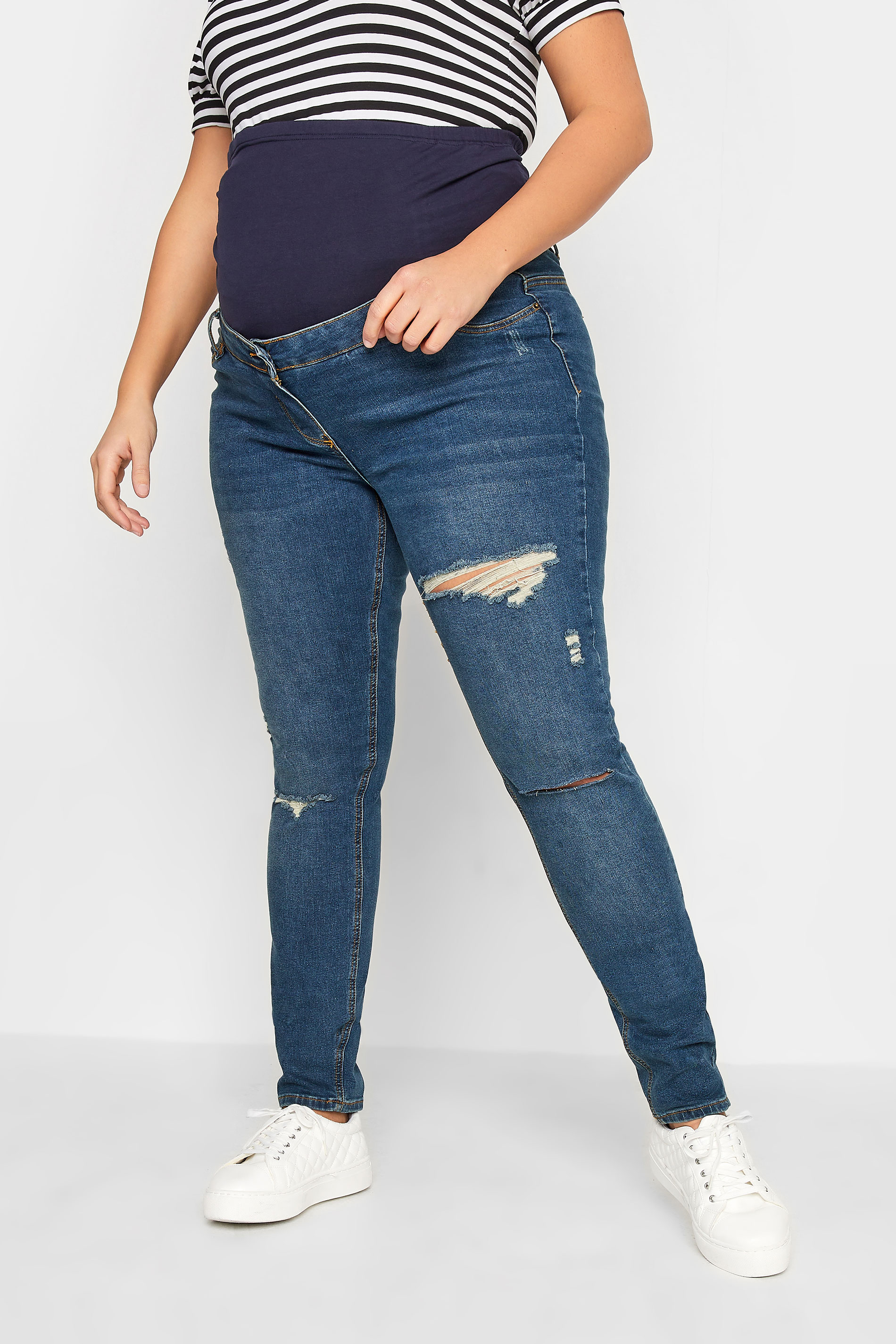 LTS Tall Women's Maternity Mid Blue Distressed AVA Skinny Jeans | Long Tall Sally 1