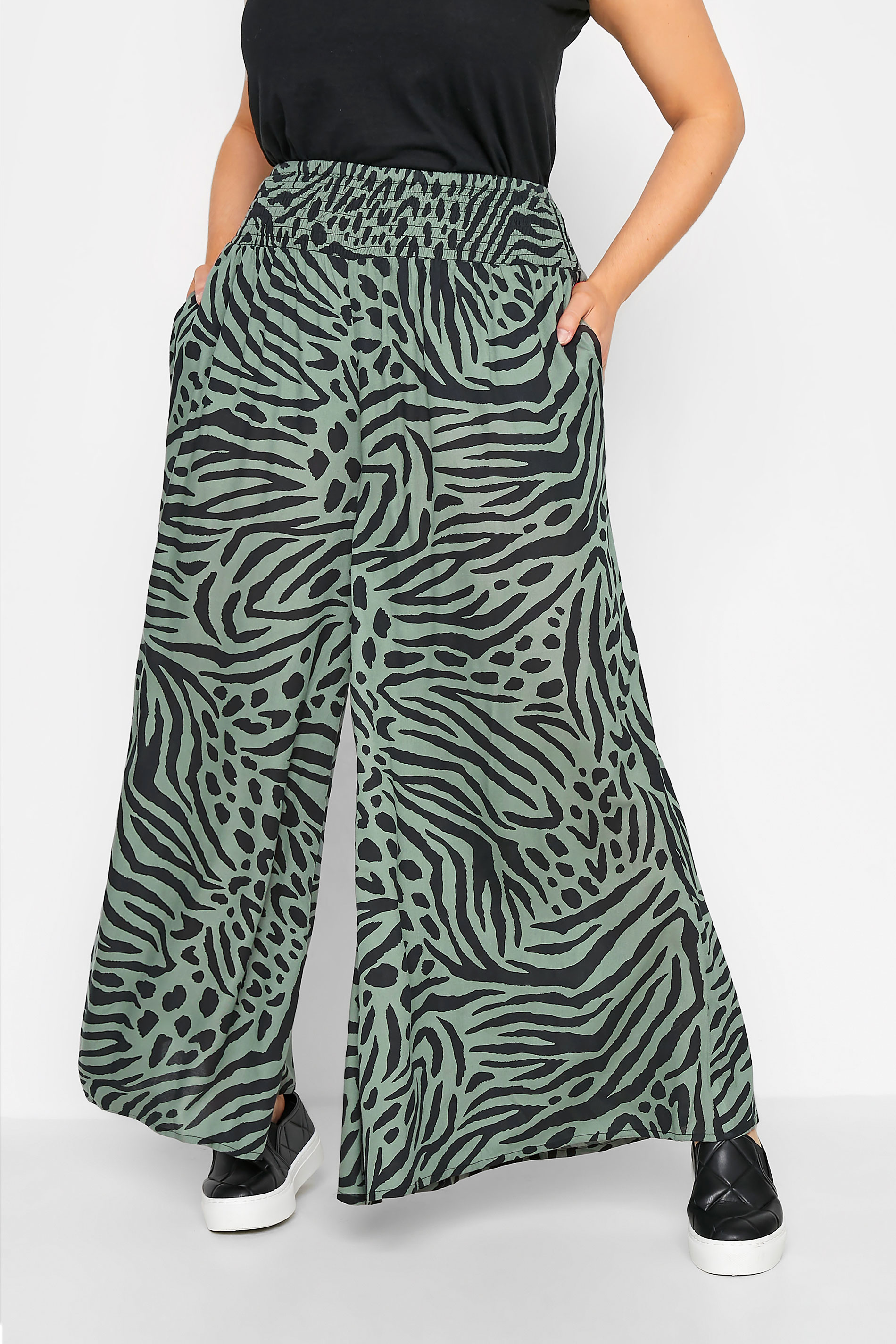 Plus Size Green Animal Print Wide Leg Trousers | Yours Clothing 1