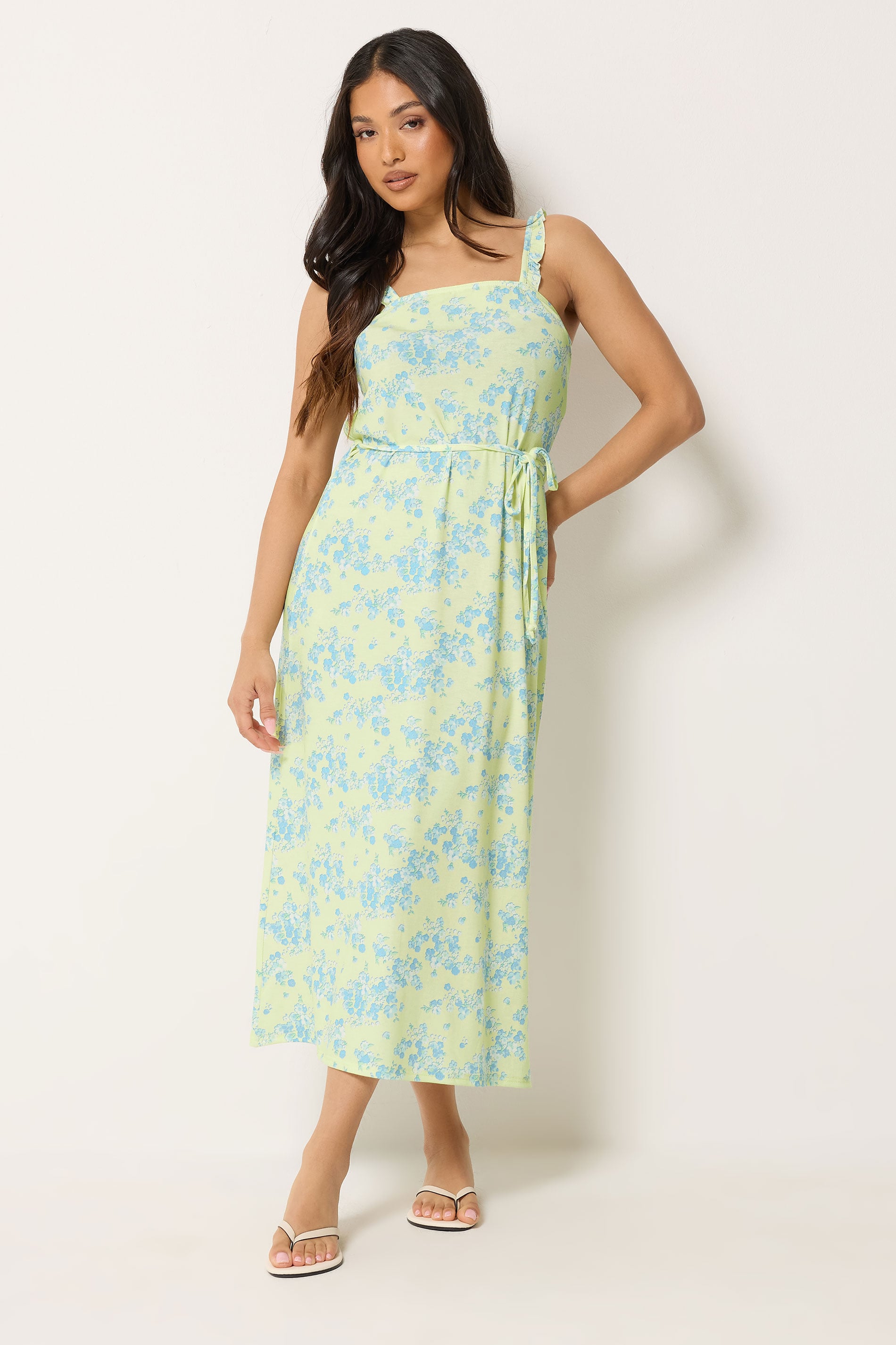 PixieGirl Petite Women's Yellow Floral Belted Midi Dress | PixieGirl 3