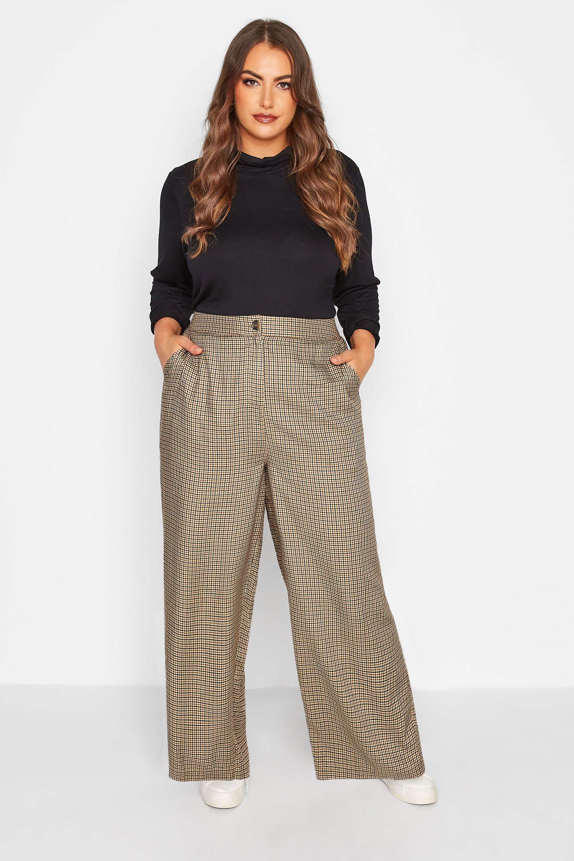 LIMITED COLLECTION Plus Size Curve Light Brown Check Wide Leg Trousers | Yours Clothing 3
