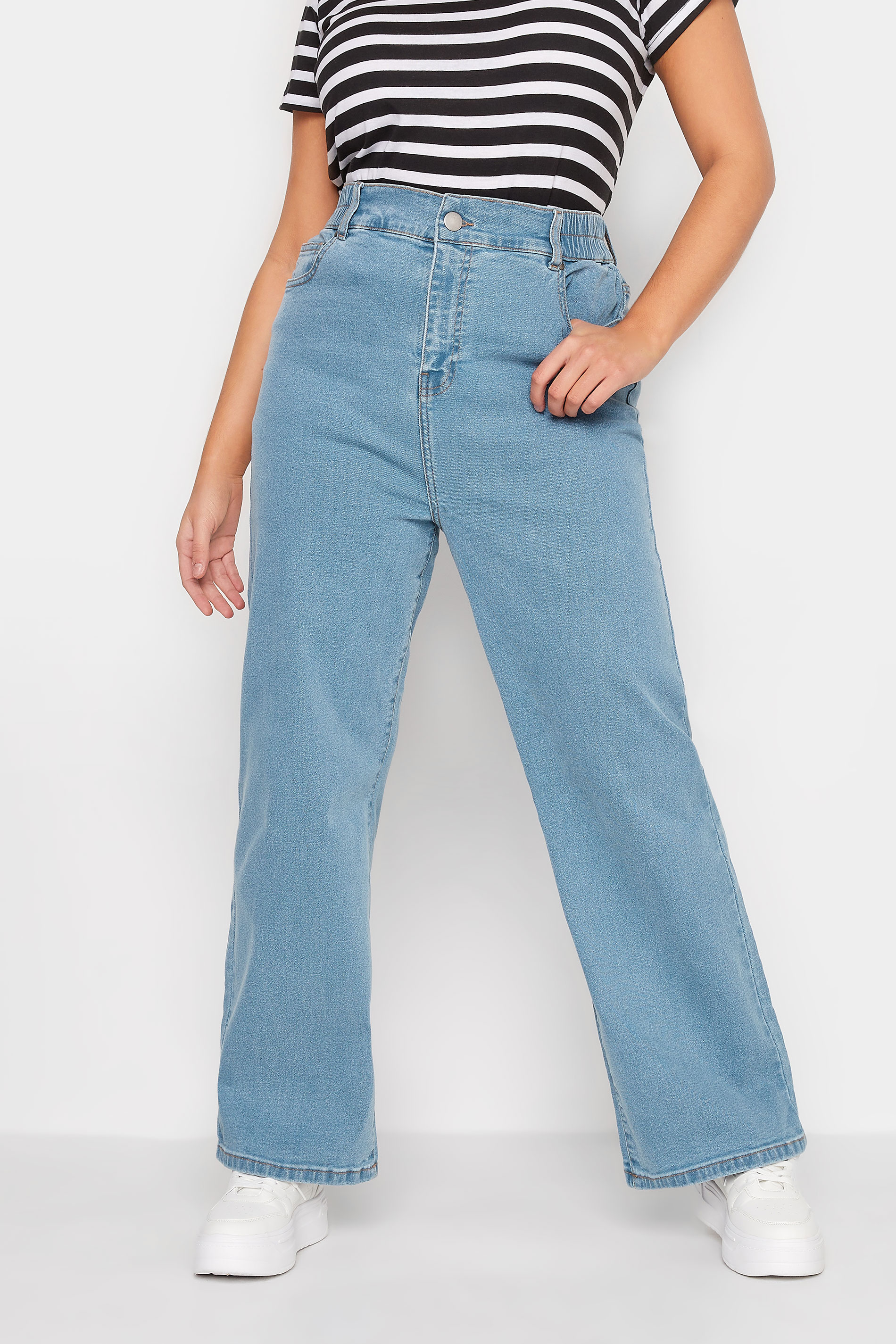 YOURS Plus Size Light Blue Elasticated Waist Stretch Wide Leg Jeans | Yours Clothing  1