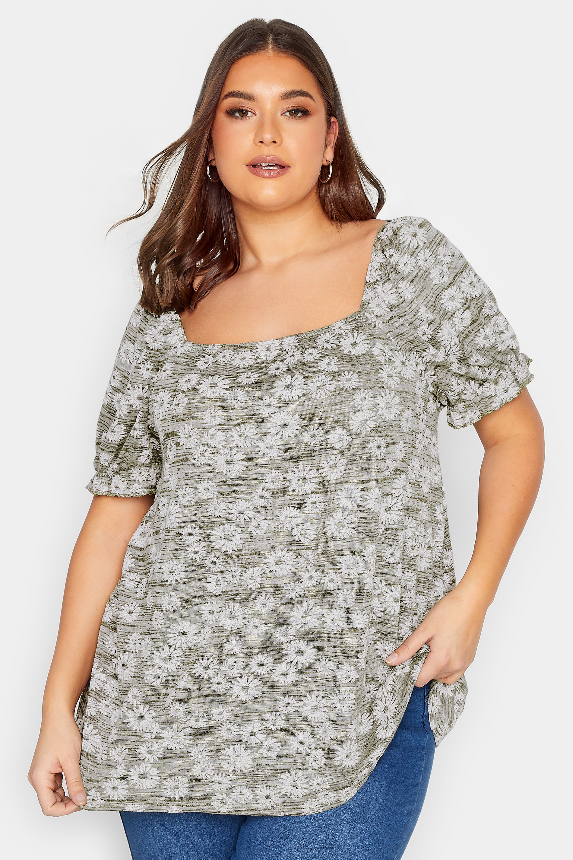 YOURS Plus Size Green Marl Ditsy Floral Top | Yours Clothing 1
