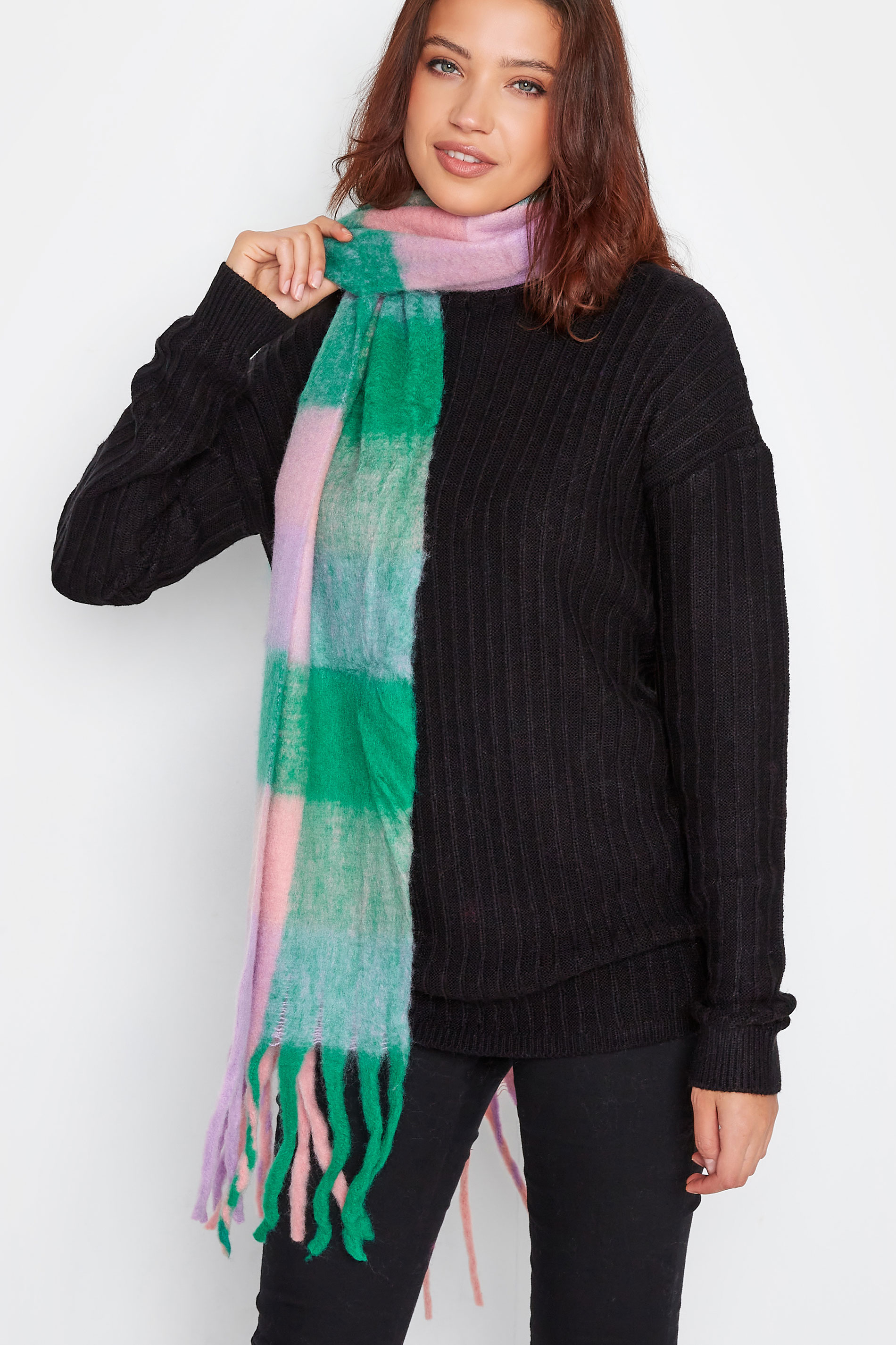 Pink & Green Block Check Chunky Tassel Scarf | Yours Clothing 1