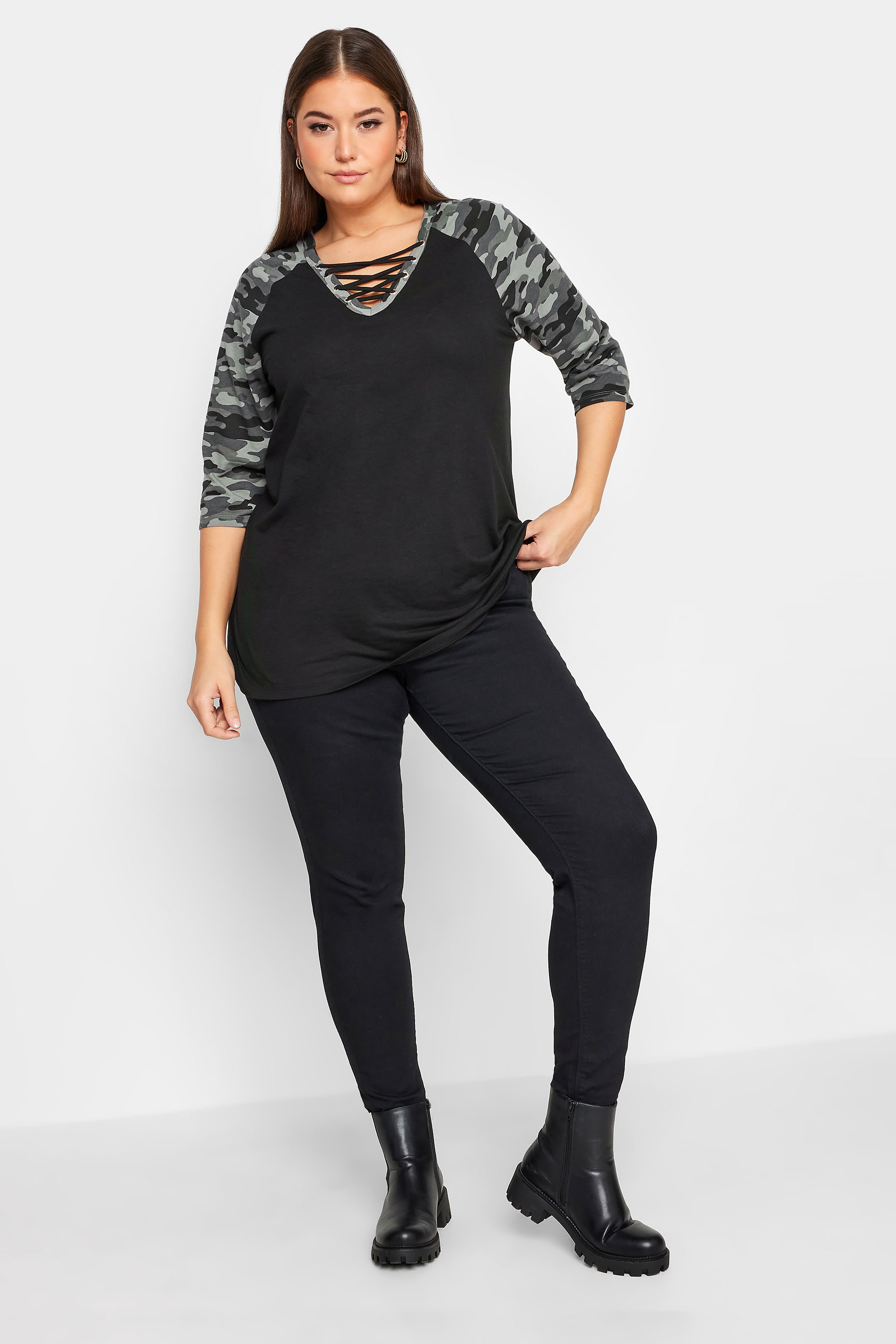 YOURS Plus Size Black Camo Print Lace Up Eyelet Top | Yours Clothing 2