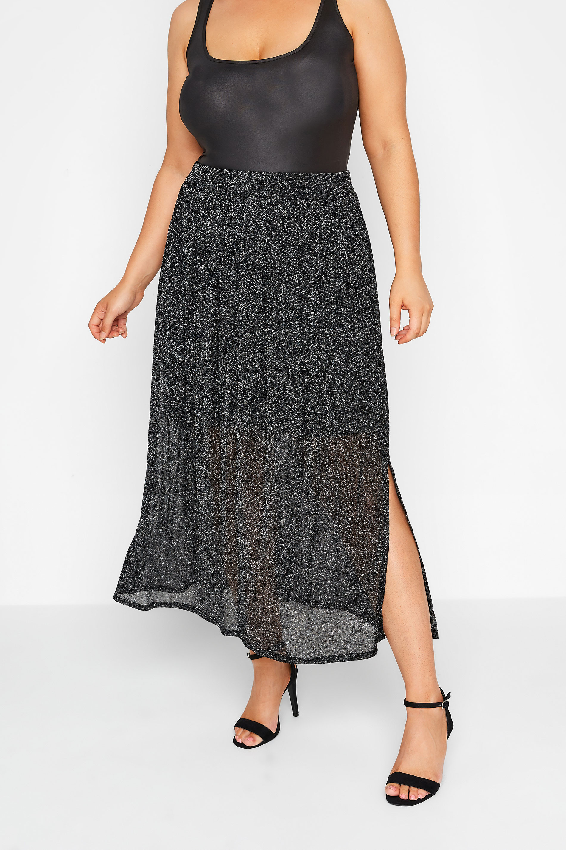 LIMITED COLLECTION Plus Size Black Glitter Midaxi Skirt | Yours Clothing 1