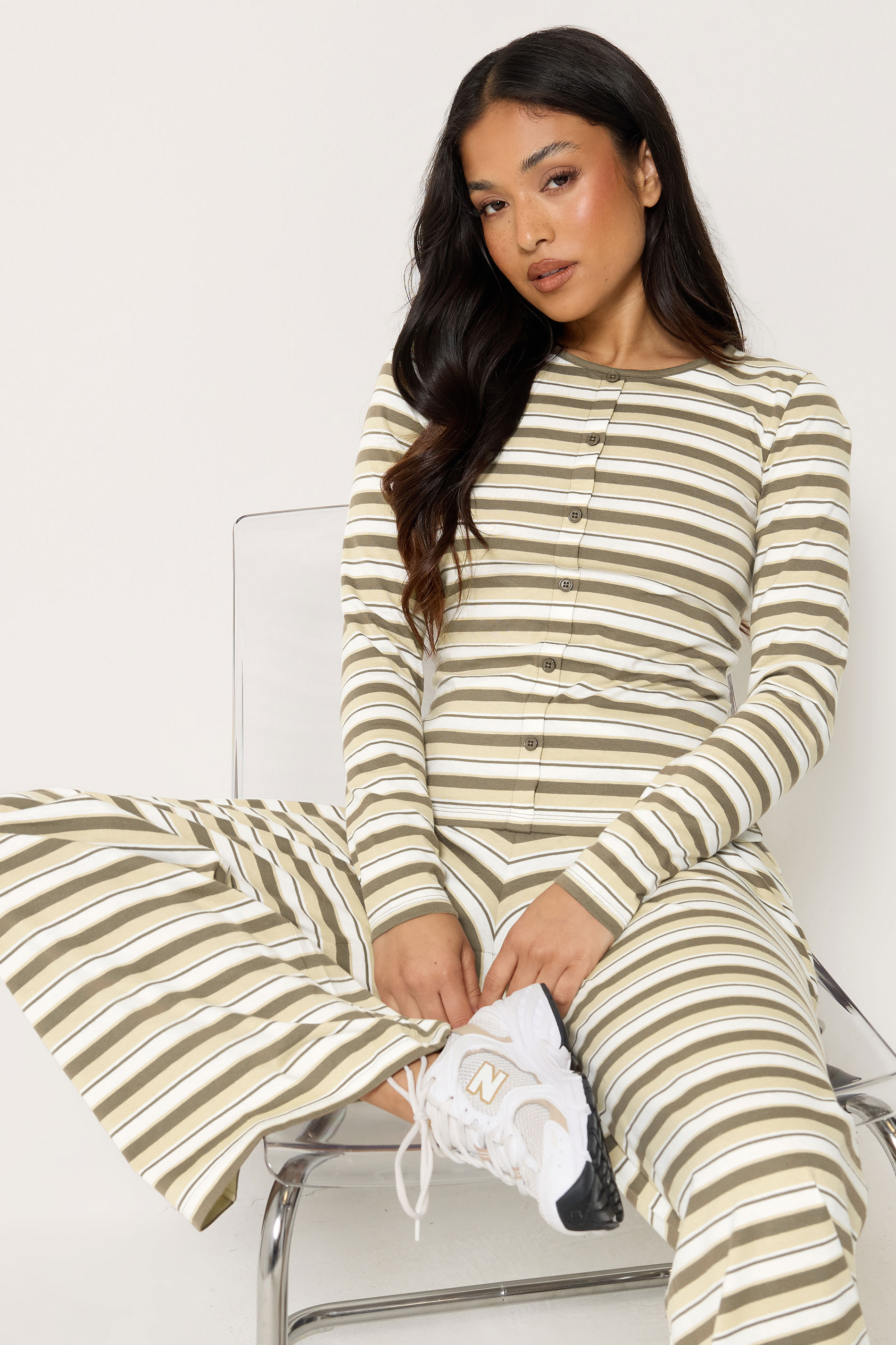 PixieGirl Petite Women's Set Brown Stripe Cotton Button Top & Wide Leg Trousers | PixieGirl 1