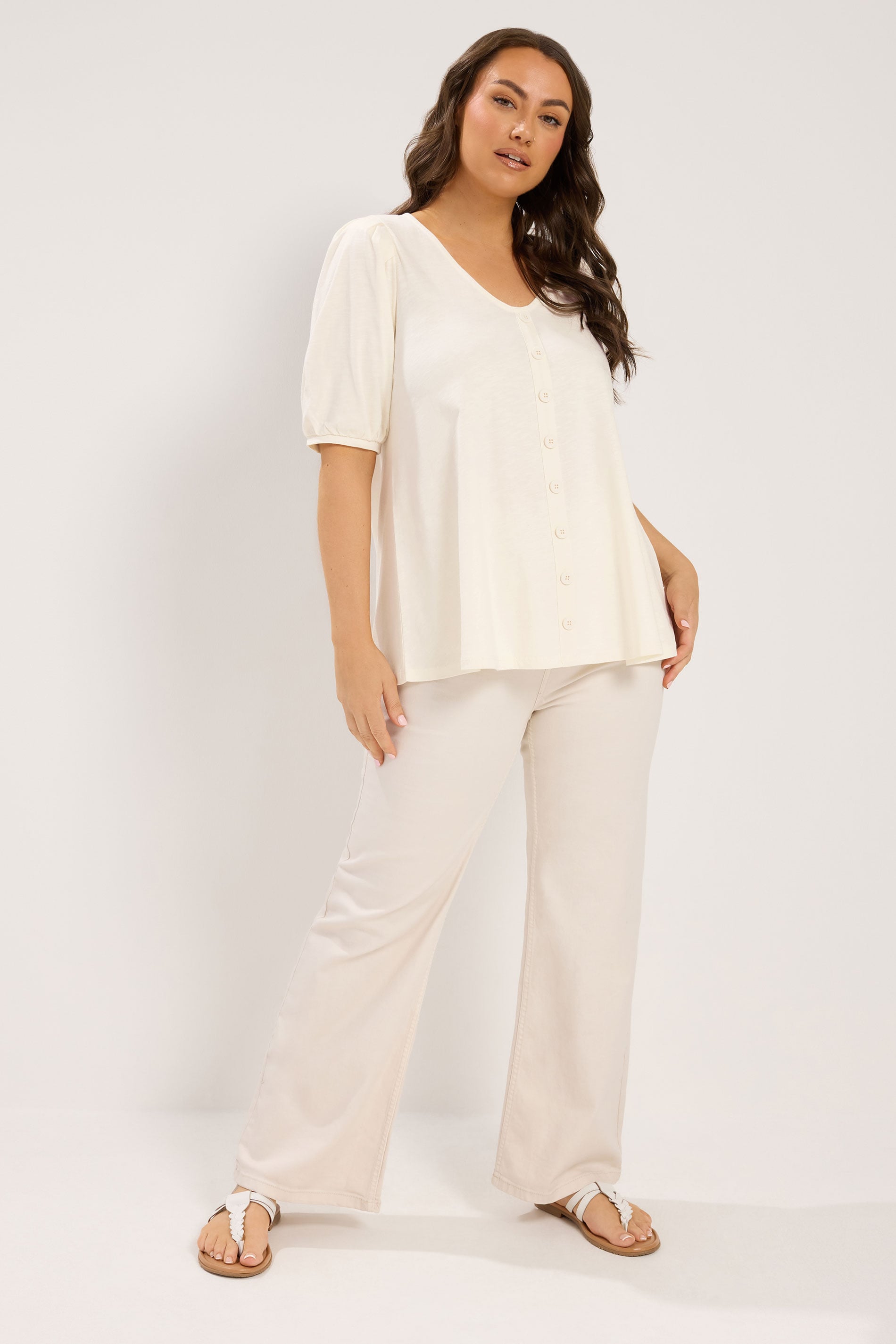 YOURS Plus Size Ivory White Button Front Puff Sleeve Top | Yours Clothing  1