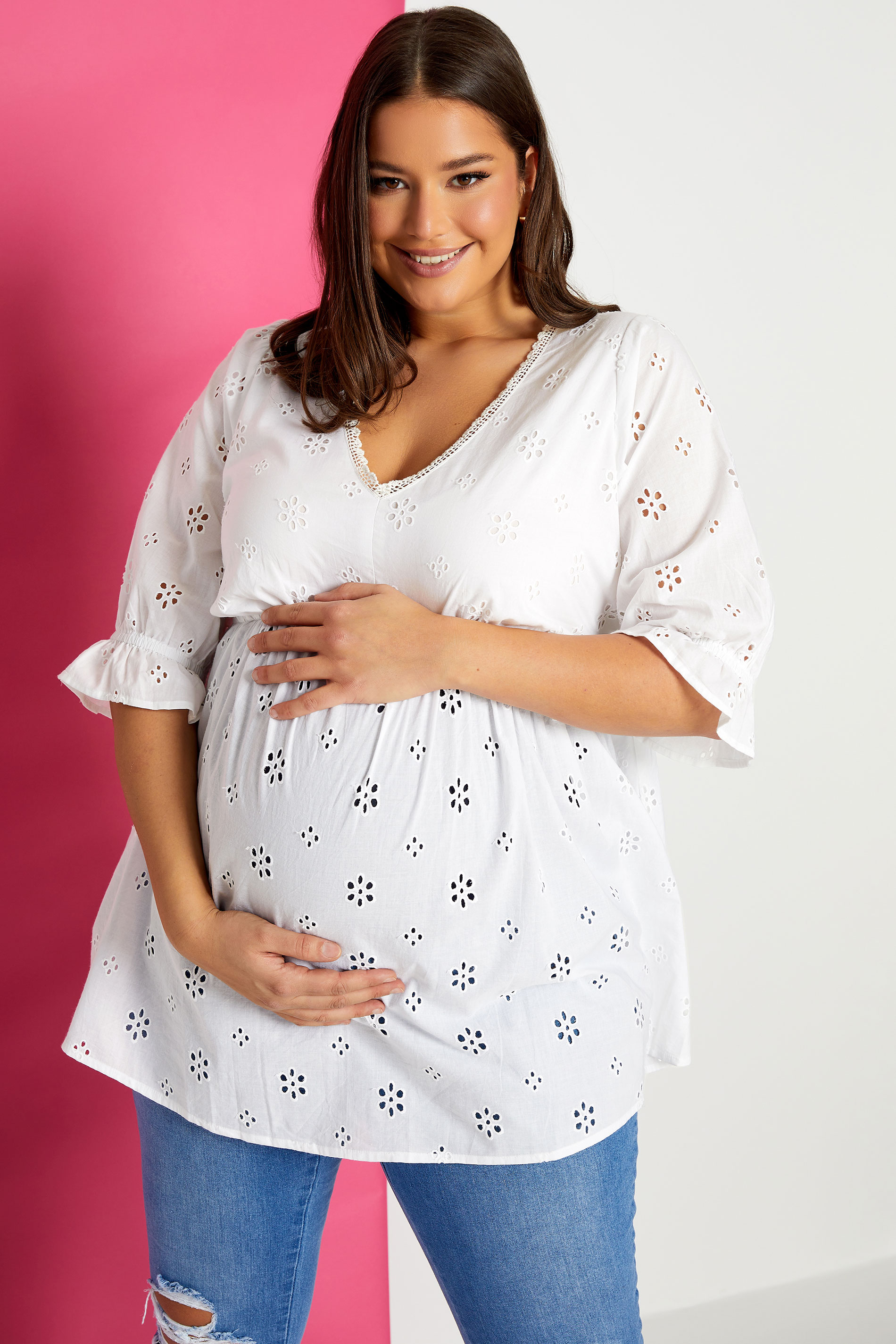 BUMP IT UP MATERNITY Plus Size White Broderie Anglaise Blouse | Yours Clothing 1