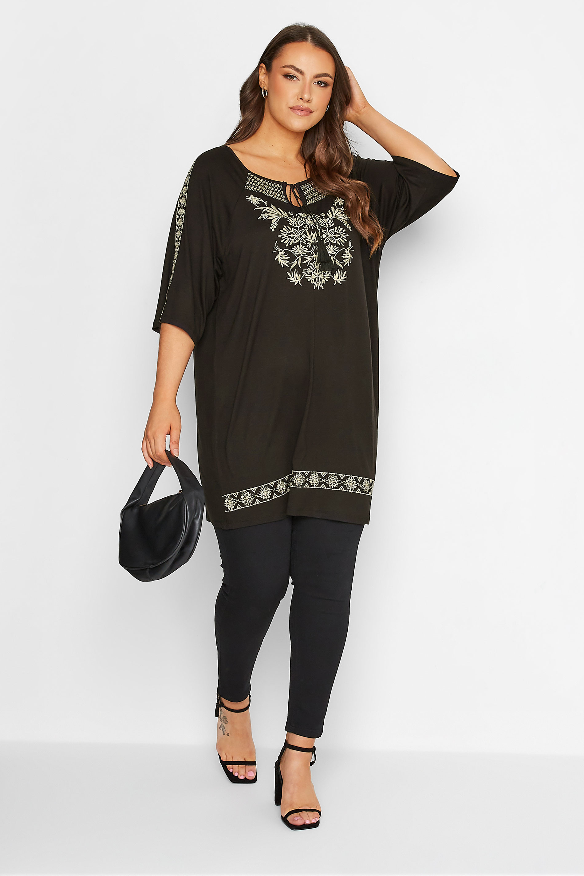 Plus Size Black Embroidered Tie Neck Top | Yours Clothing 2