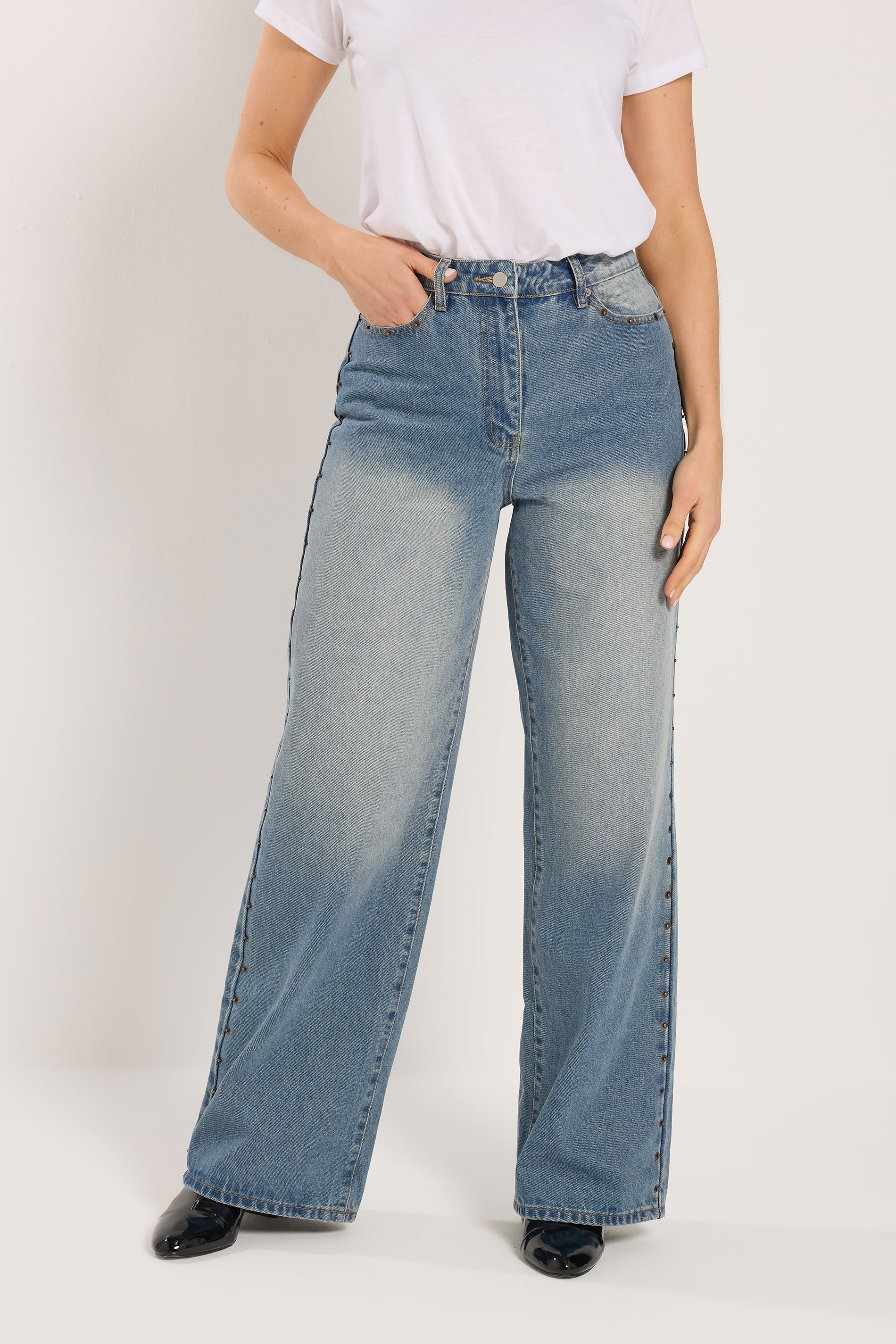 LTS Tall Women's Light Blue Wash Studded Cotton Wide Leg Jeans | Long Tall Sally 2