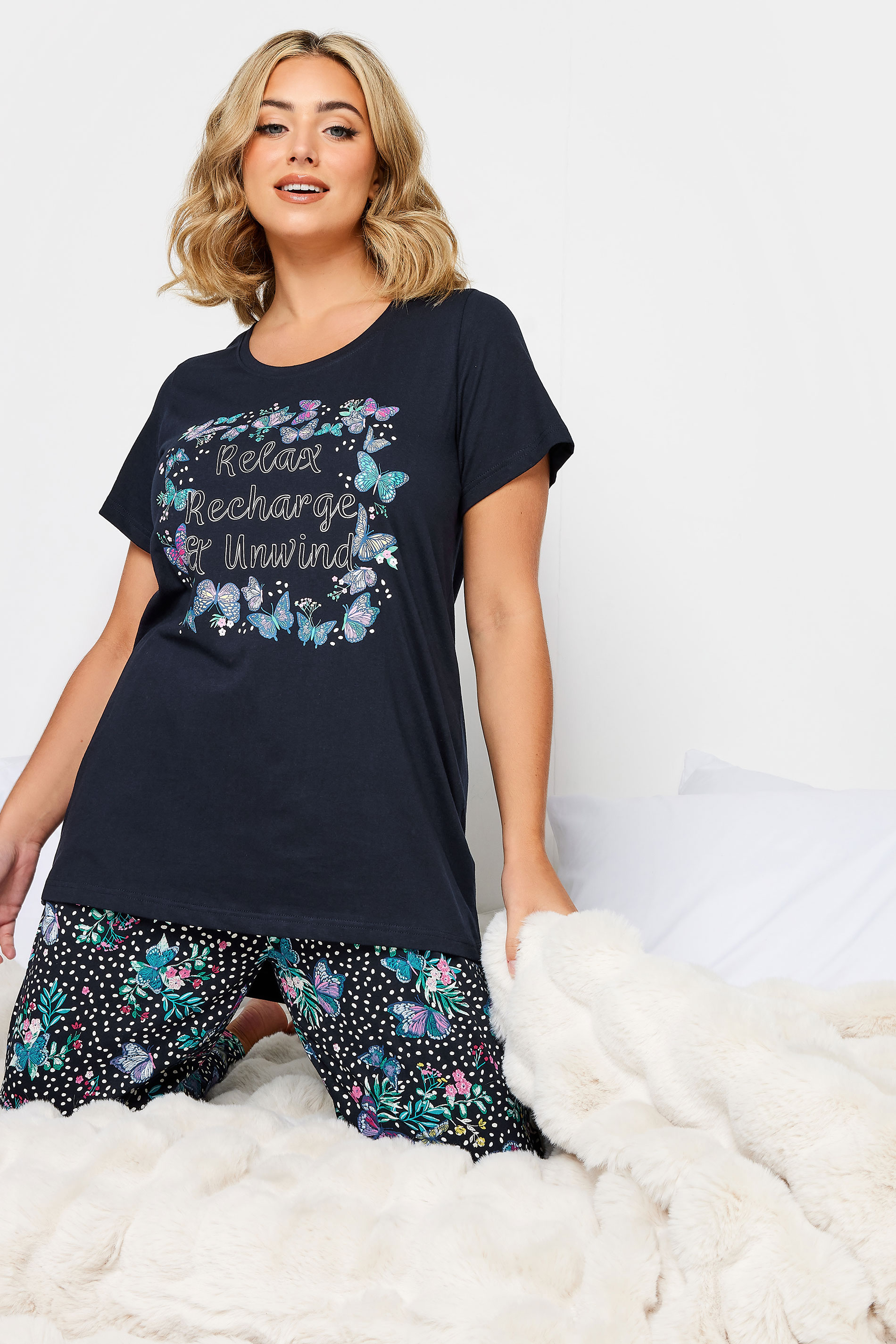 YOURS Curve Navy Blue 'Relax, Recharge & Unwind' Slogan Pyjama Top | Yours Clothing  3