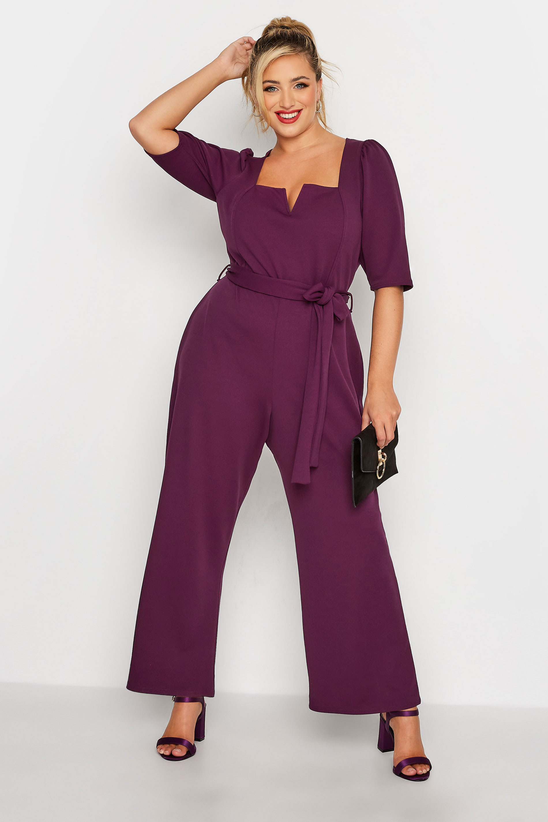YOURS LONDON Plus Size Purple Notch Neck Tie Waist Stretch Jumpsuit | Yours Clothing 2