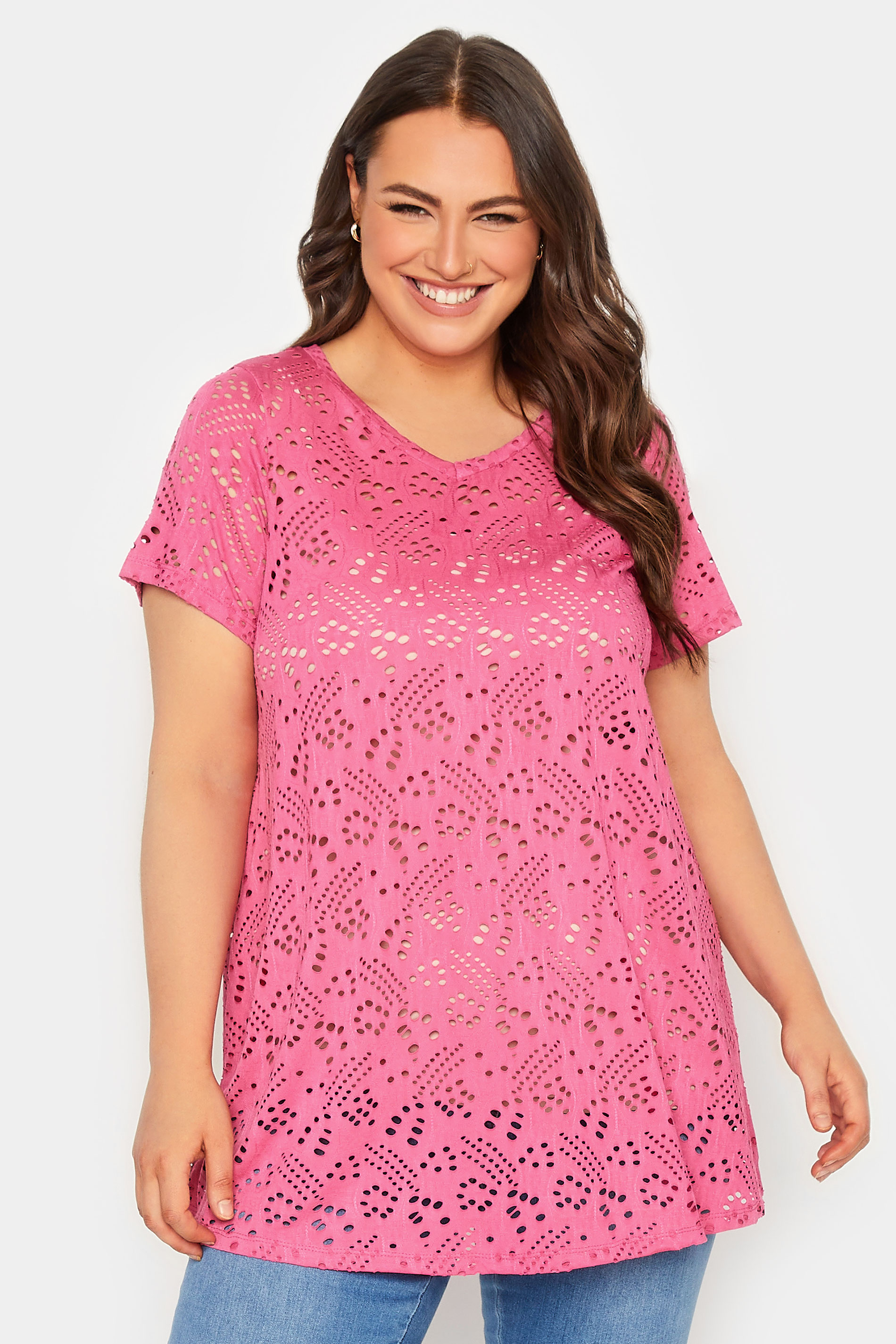 YOURS Curve Plus Size 2 PACK White & Pink Broderie Anglaise Swing V-Neck T-Shirt | Yours Clothing  2