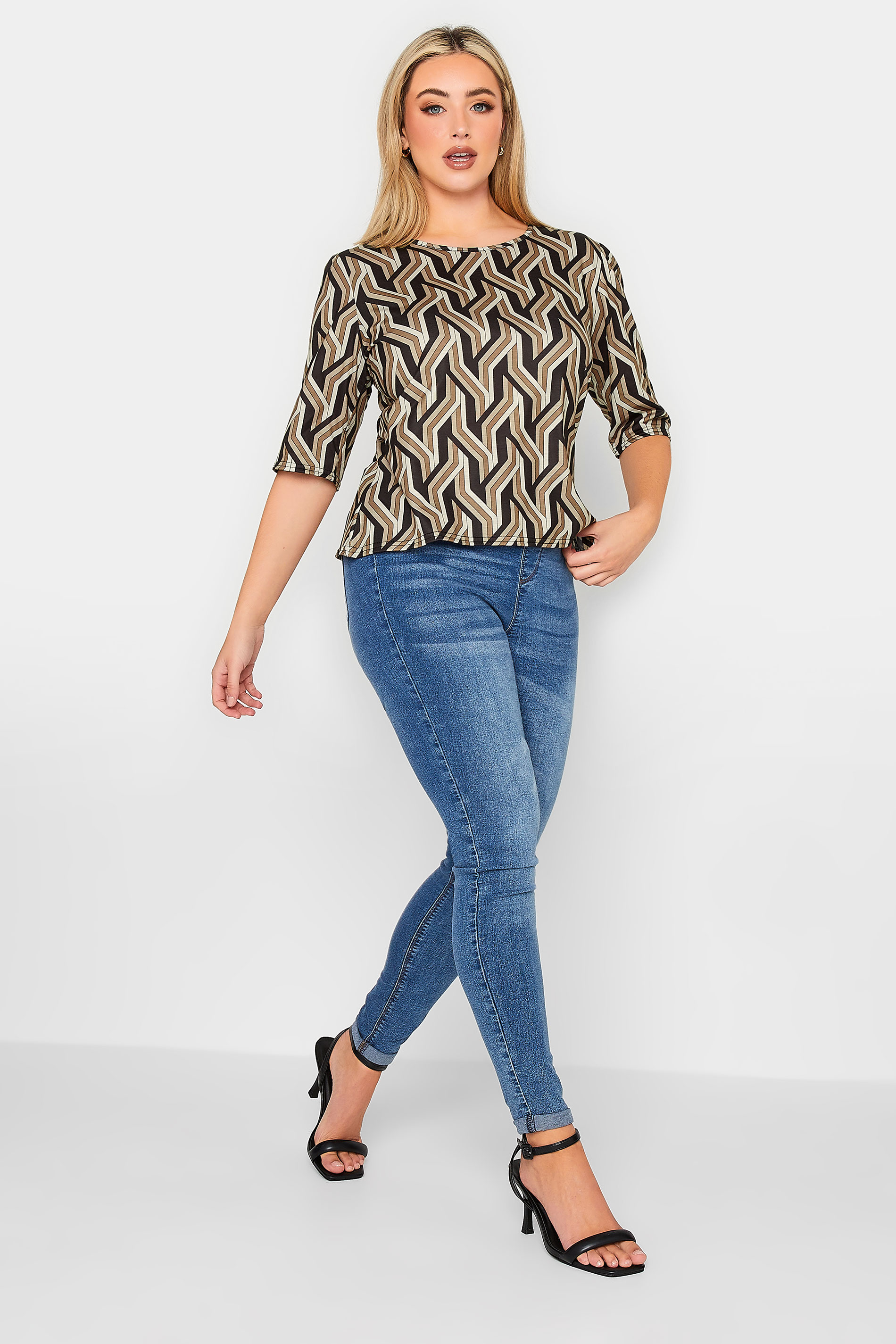 YOURS PETITE Plus Size Brown & Black Geometric Print T-Shirt | Yours Clothing 2