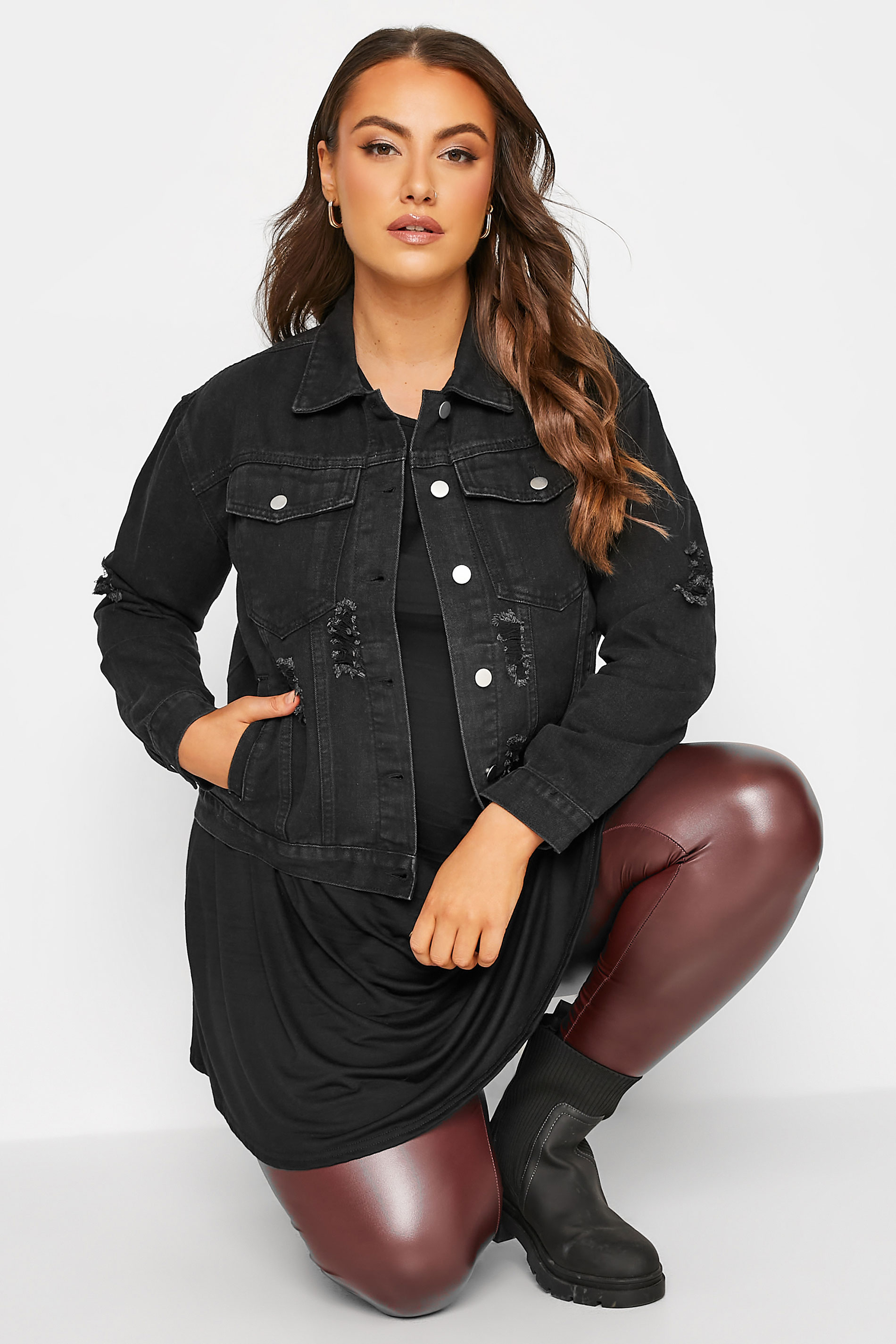 Plus Size Black Washed Distressed Denim Jacket | Yours Clothing 1