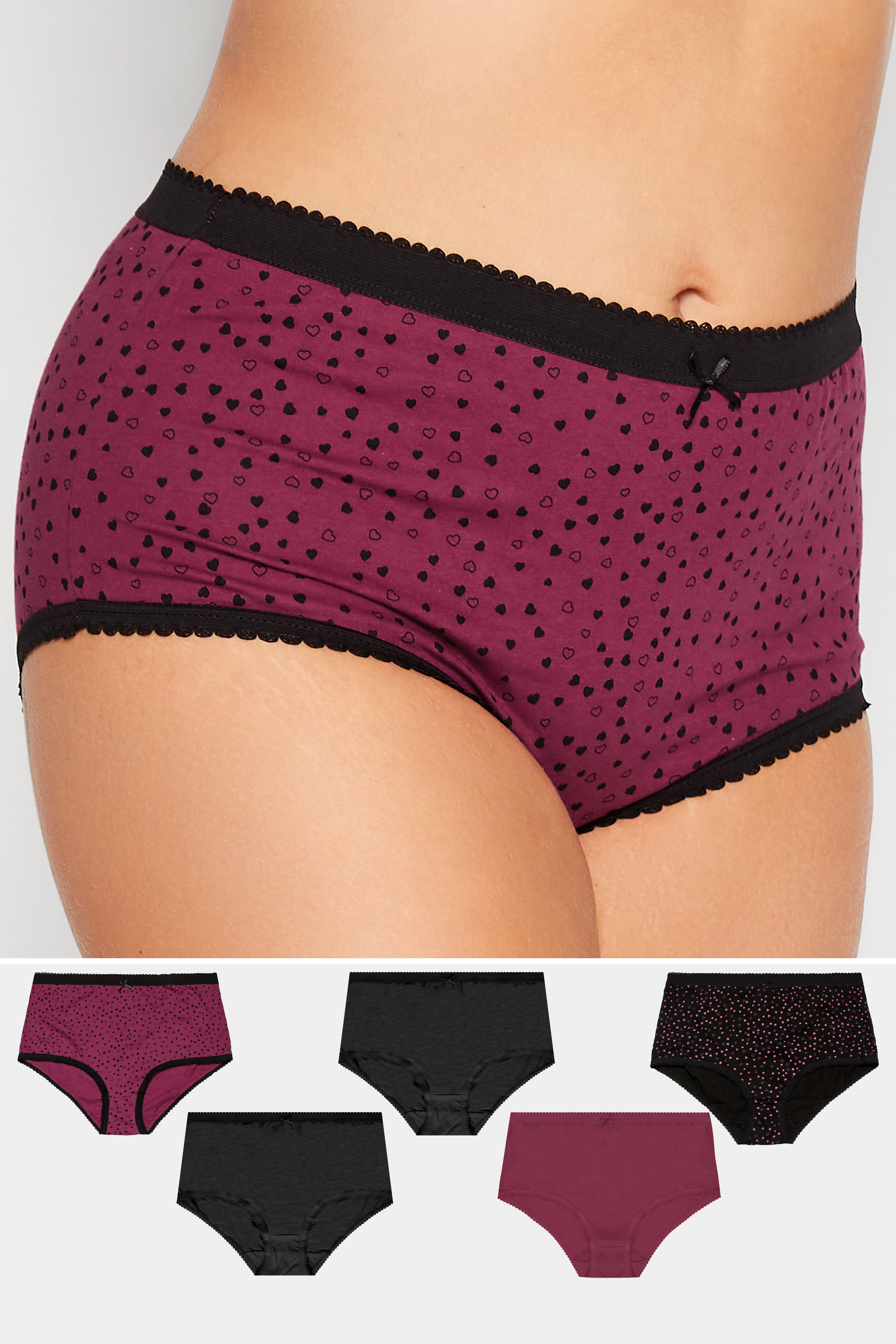 5 PACK Plus Size Black & Dark Pink Mini Heart Print High Waisted Full Briefs | Yours Clothing 1