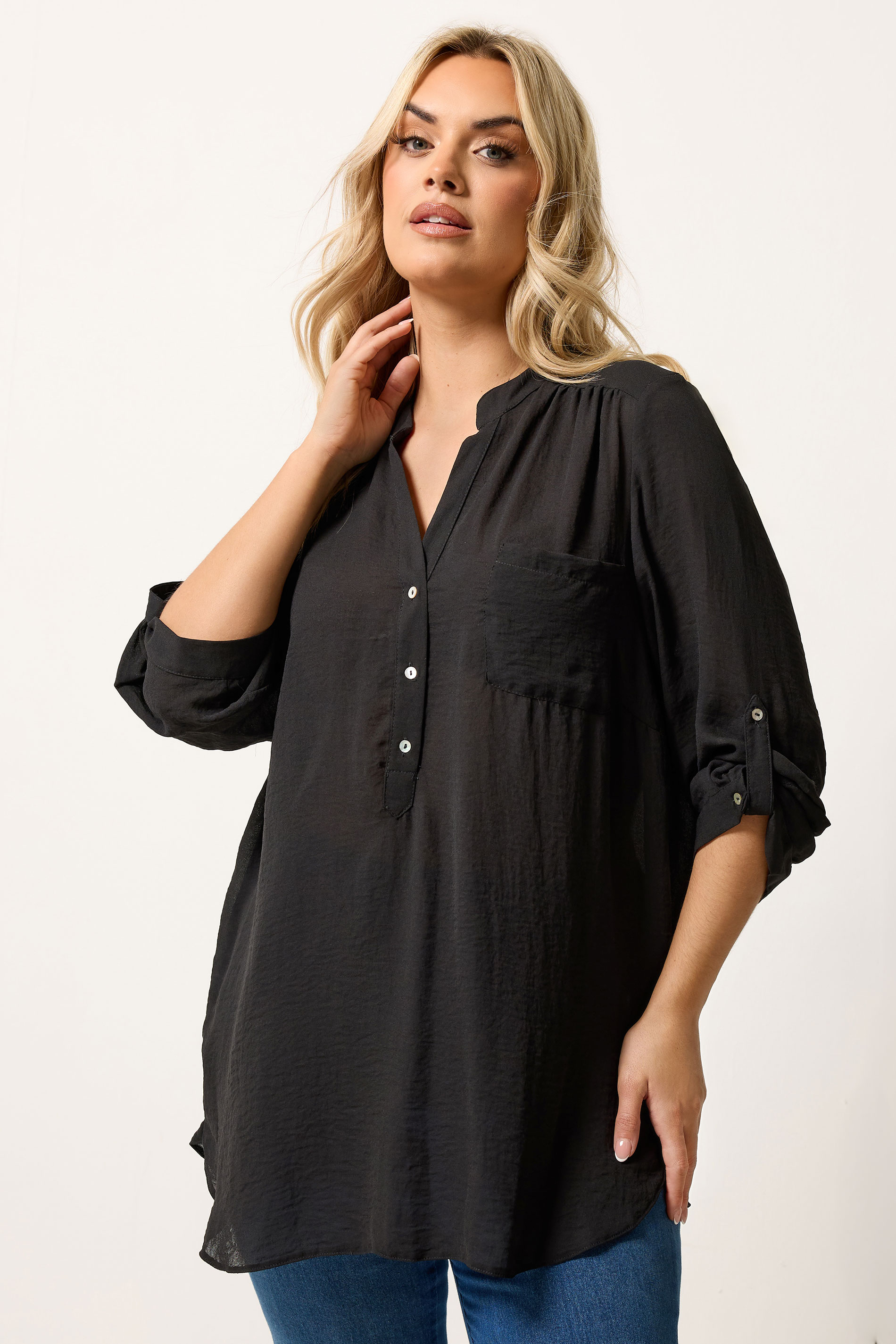 YOURS Plus Size Black Half Placket Shirt | Yours Clothing 3