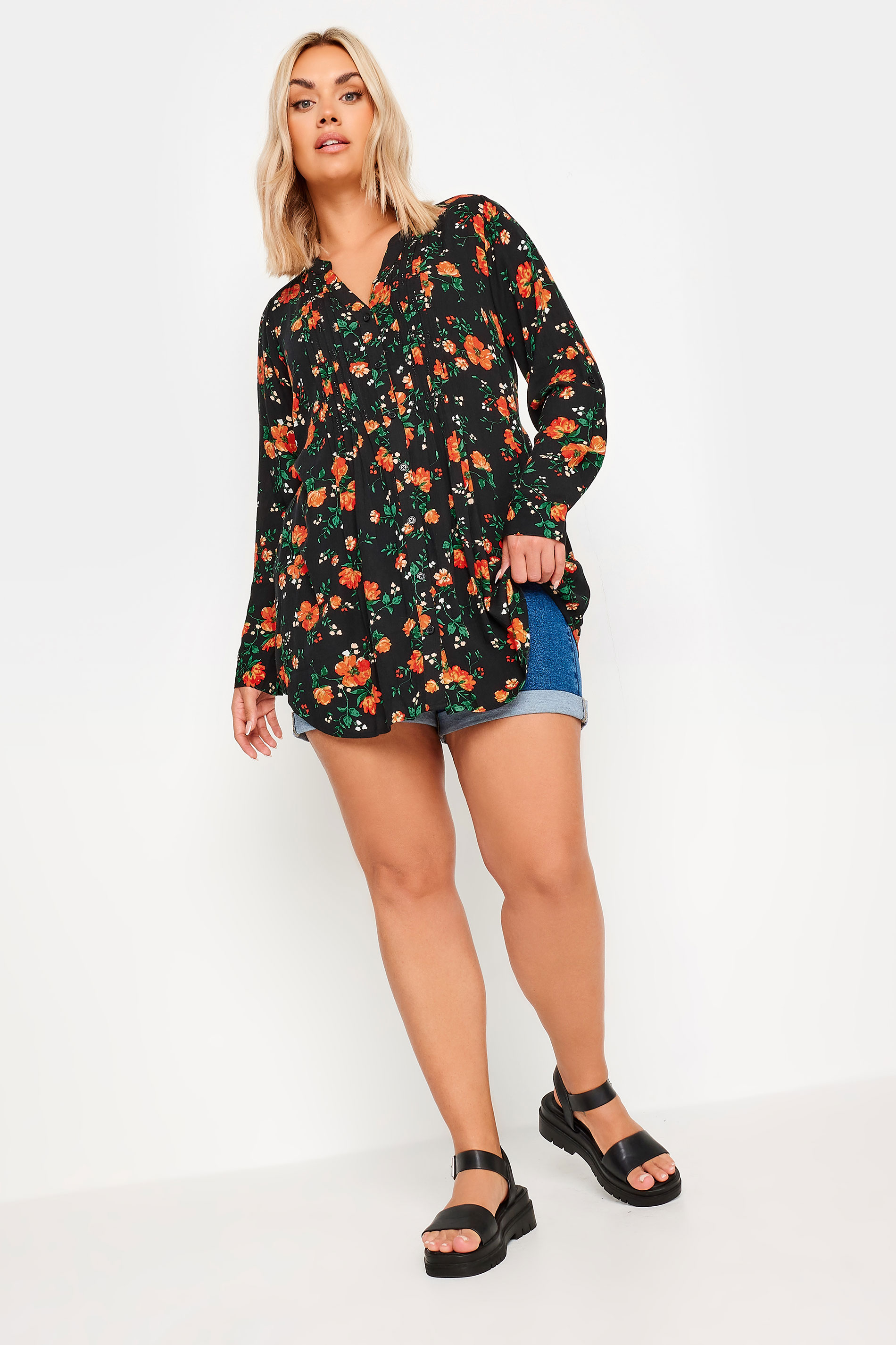 YOURS Plus Size Black Floral Pinruck Shirt | Yours Clothing 2