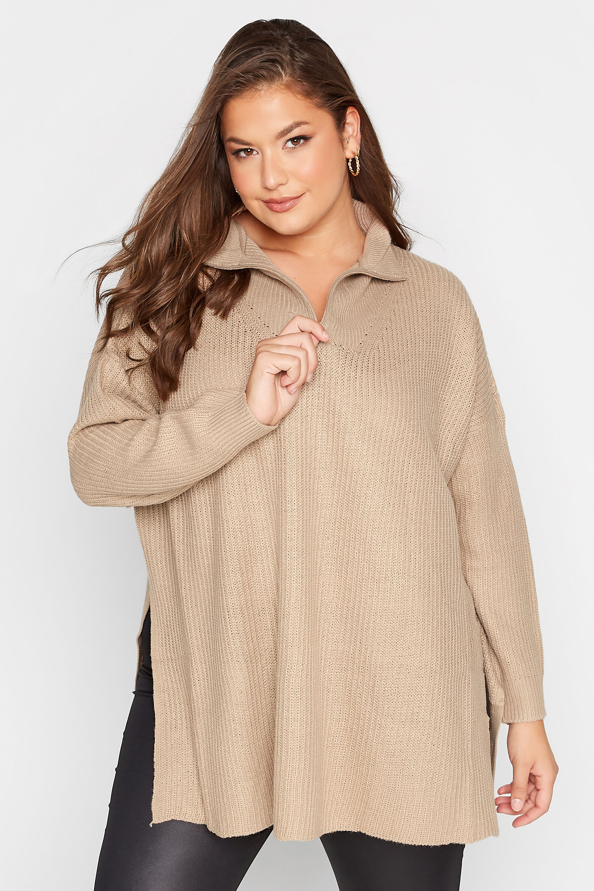 Plus Size Curve Beige Brown Quarter Zip Knitted Jumper | Yours Clothing 1