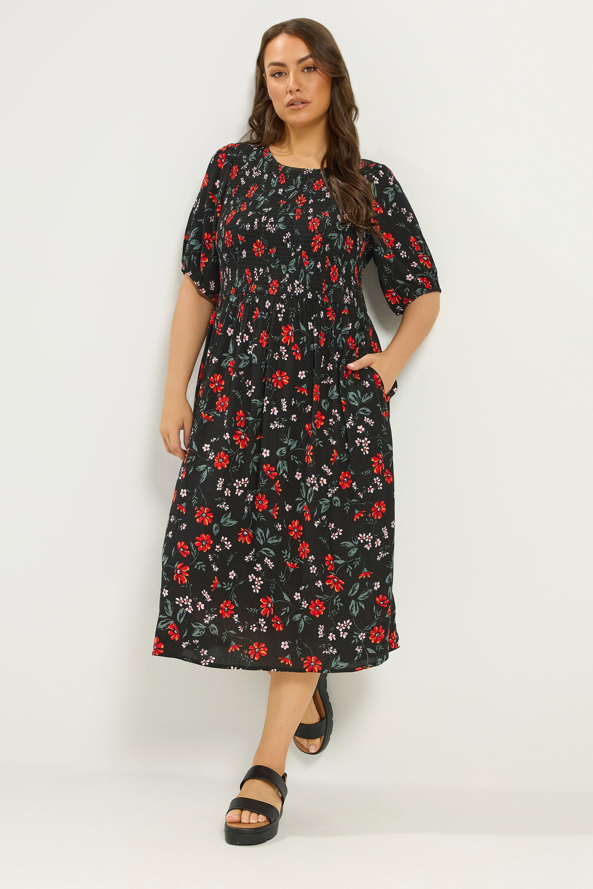 YOURS Plus Size Black Floral Puff Sleeve Shirred Dress  | Yours Clothing 3