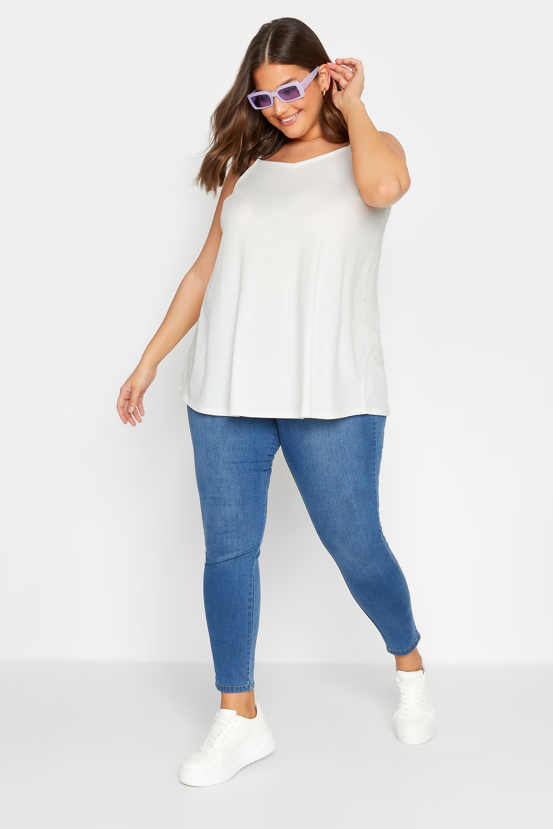 YOURS Curve Plus Size White Ribbed Swing Cami Vest Top | Yours Clothing  2