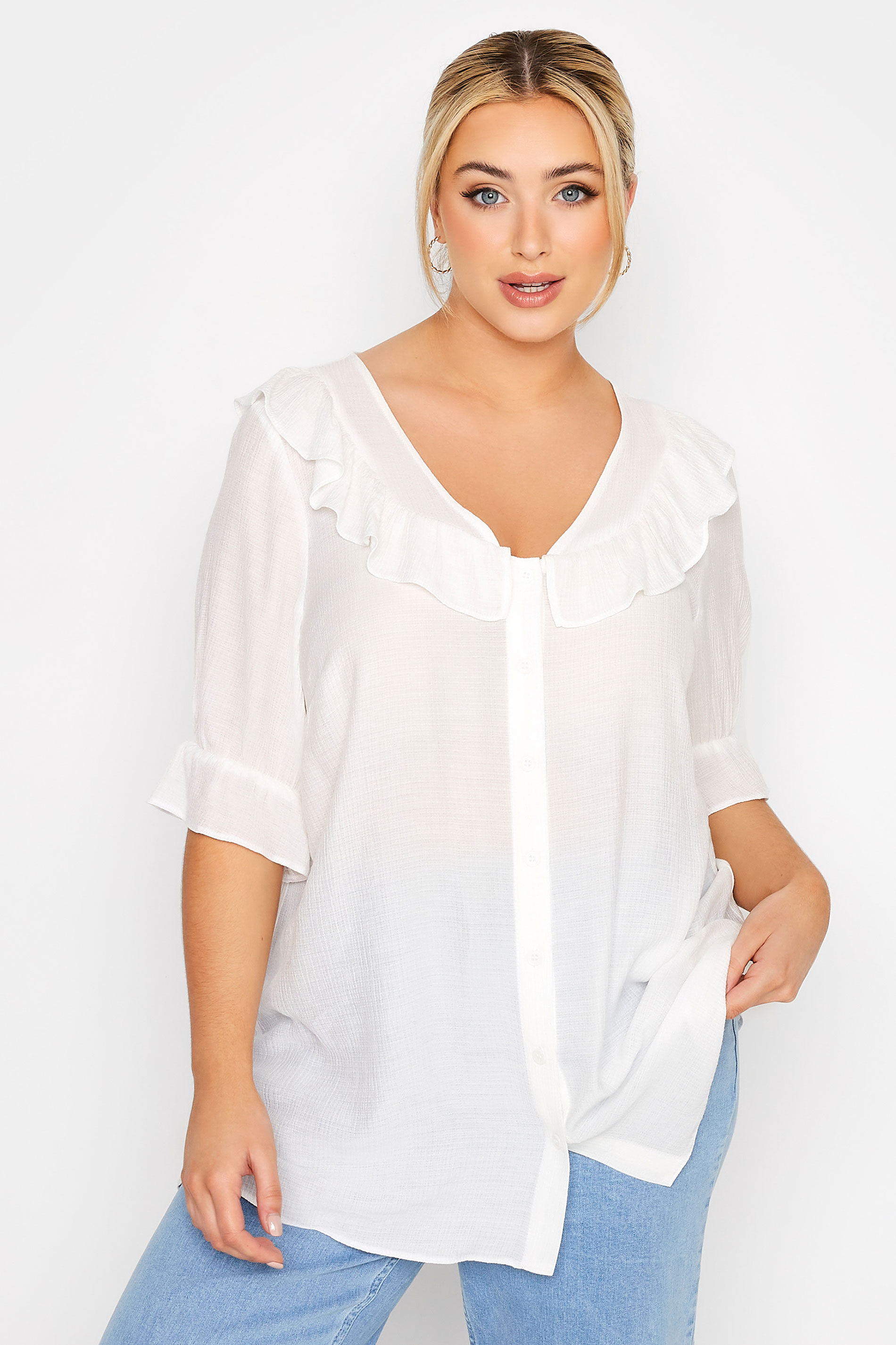 LIMITED COLLECTION Plus Size White Button Frill Blouse | Yours Clothing  1