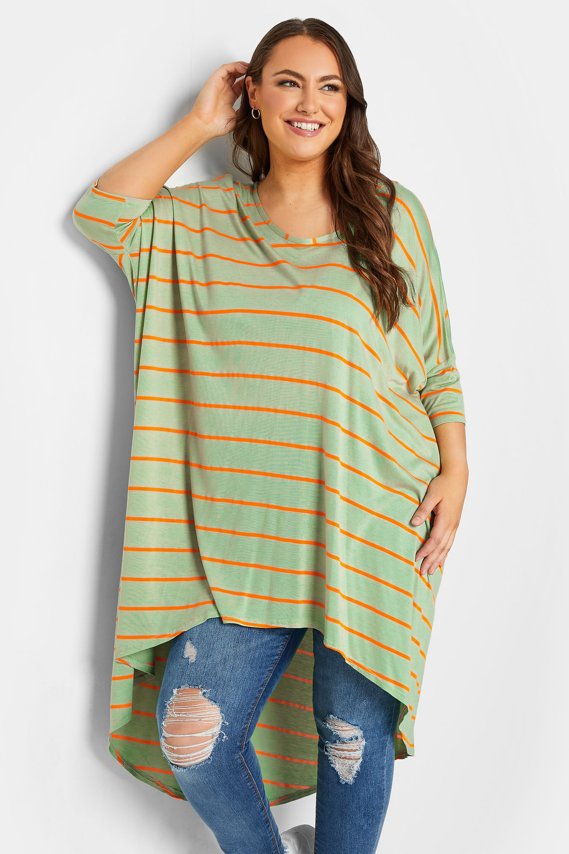 YOURS Plus Size Green Stripe Dipped Hem Tunic Top | Yours Clothing 1