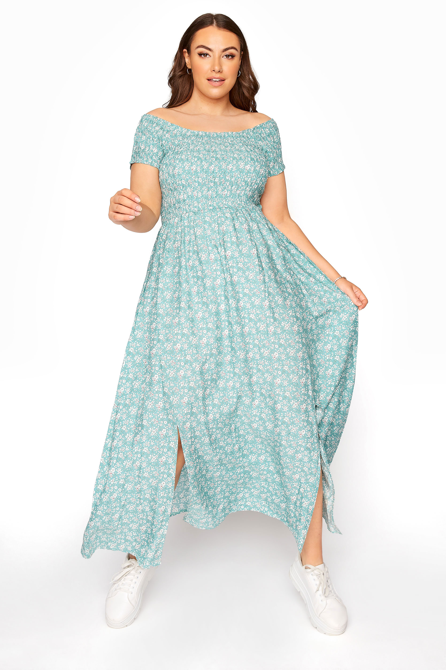 Sage Green Ditsy Floral Shirred Bardot Maxi Dress | Yours Clothing