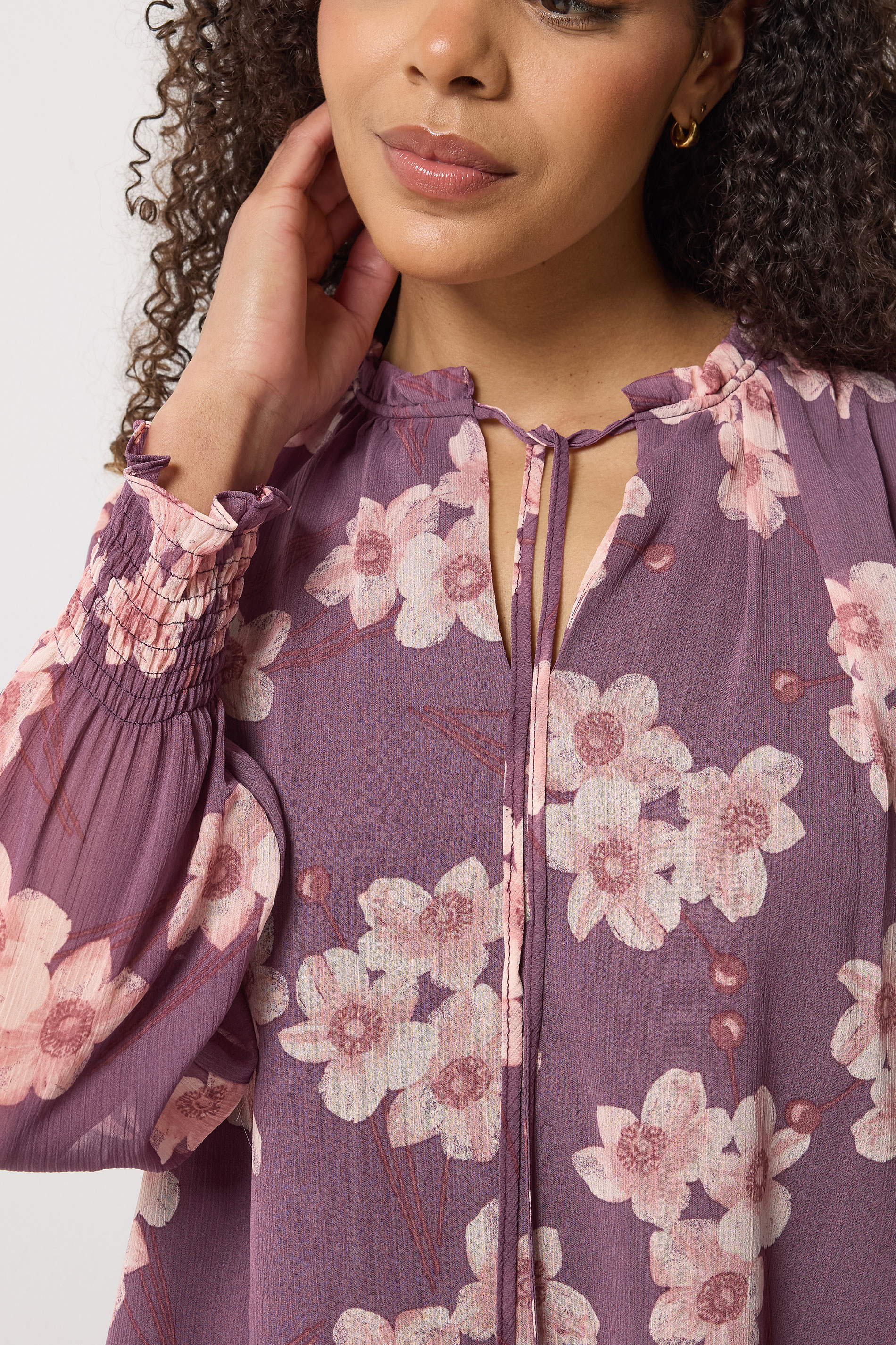 M&Co Purple Floral Tie Neck Blouse | M&Co 5