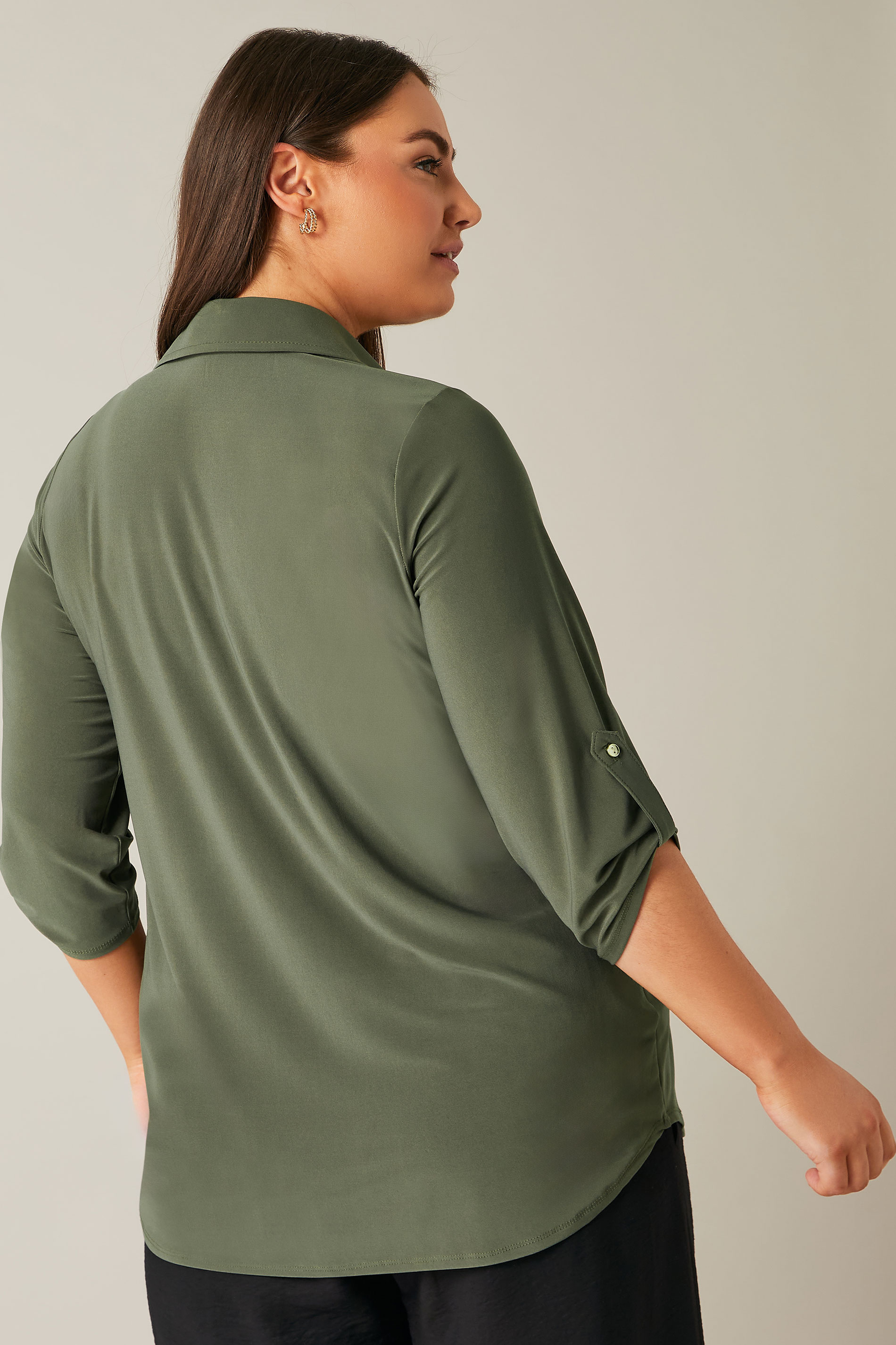 Evans Plus Size Khaki Green Tab Sleeve Blouse | Evans 3