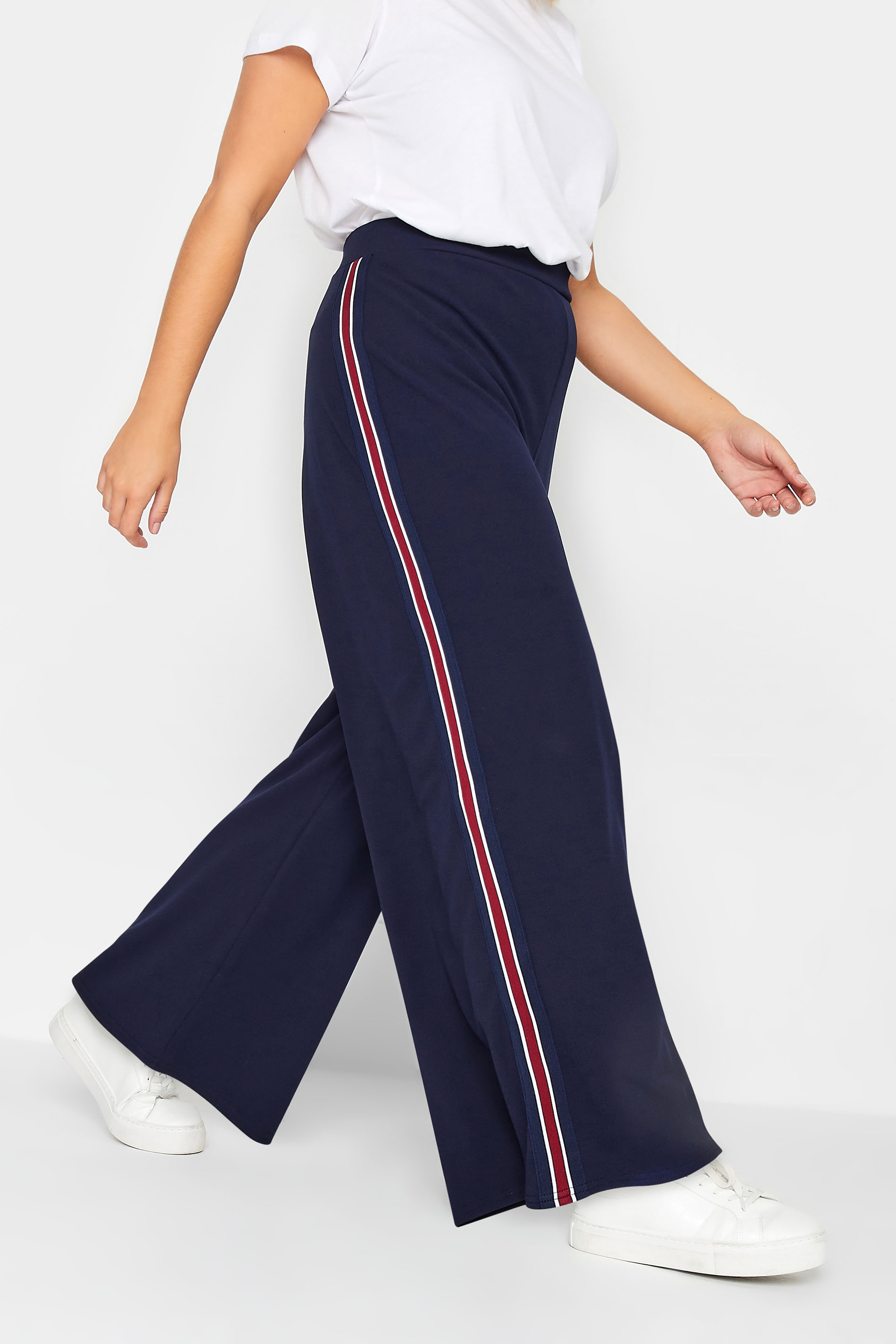 YOURS PETITE Plus Size Navy Blue Block Stripe Wide Leg Trousers | Yours Clothing 1