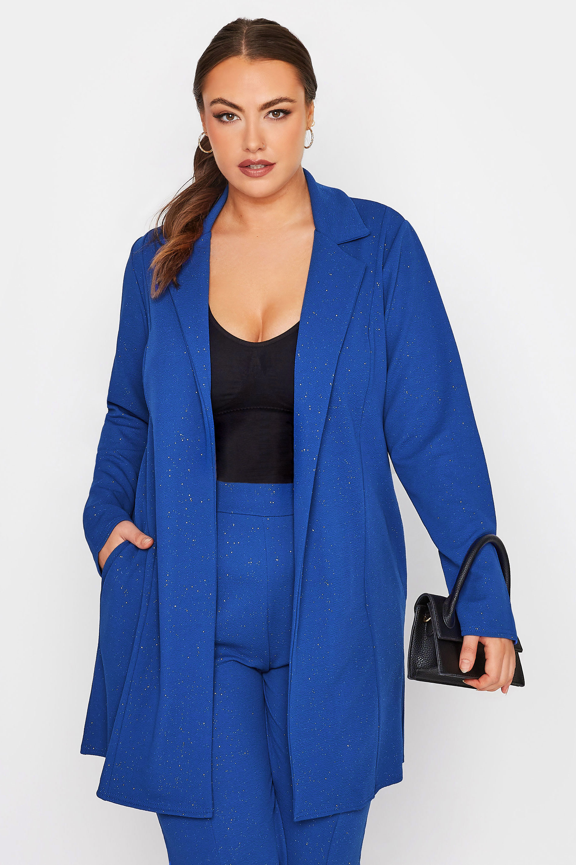 LIMITED COLLECTION Plus Size Cobalt Blue Glitter Longline Blazer | Yours Clothing 1