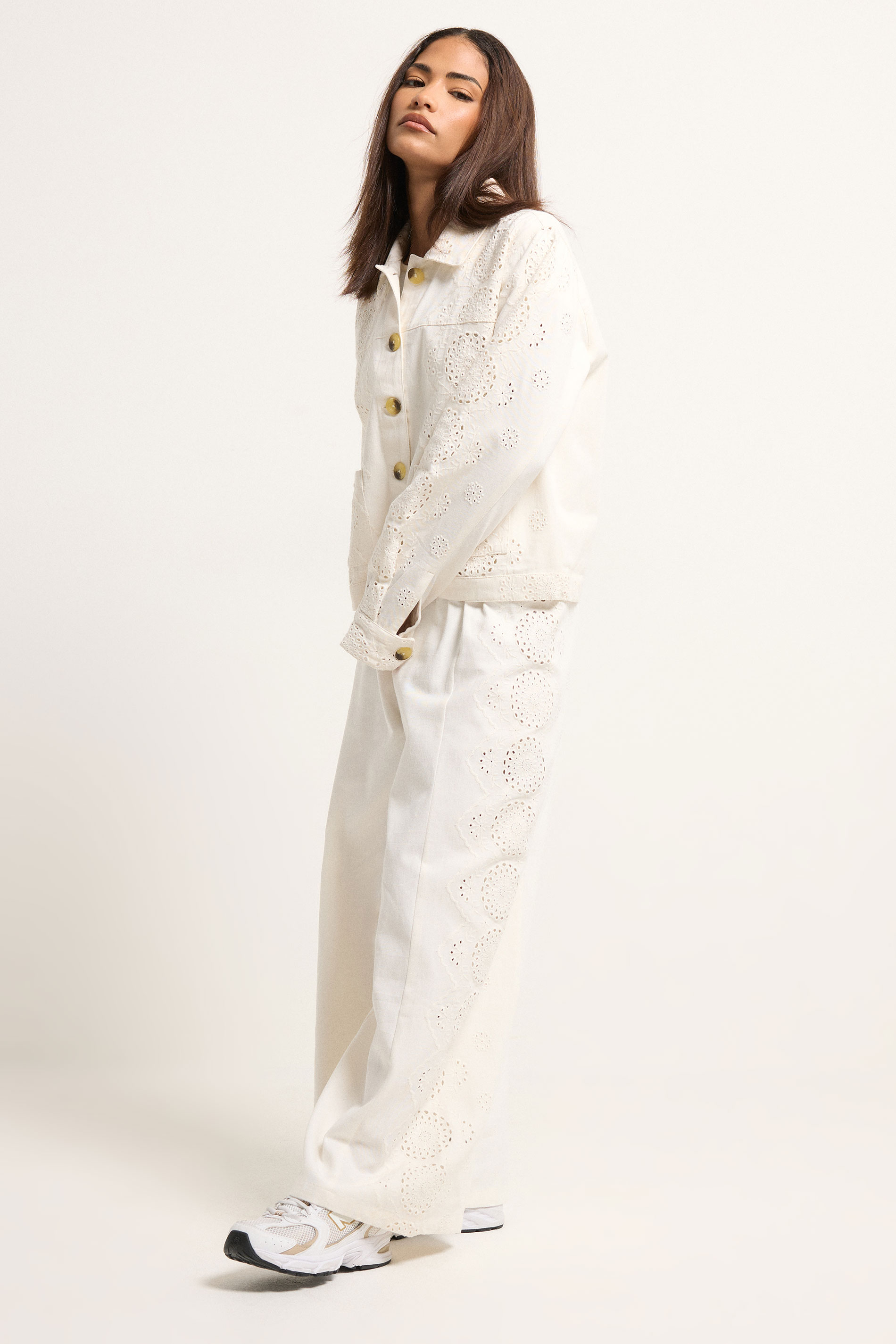 PixieGirl Petite Women's White Embroidered Cotton Wide Leg Trousers | PixieGirl 4