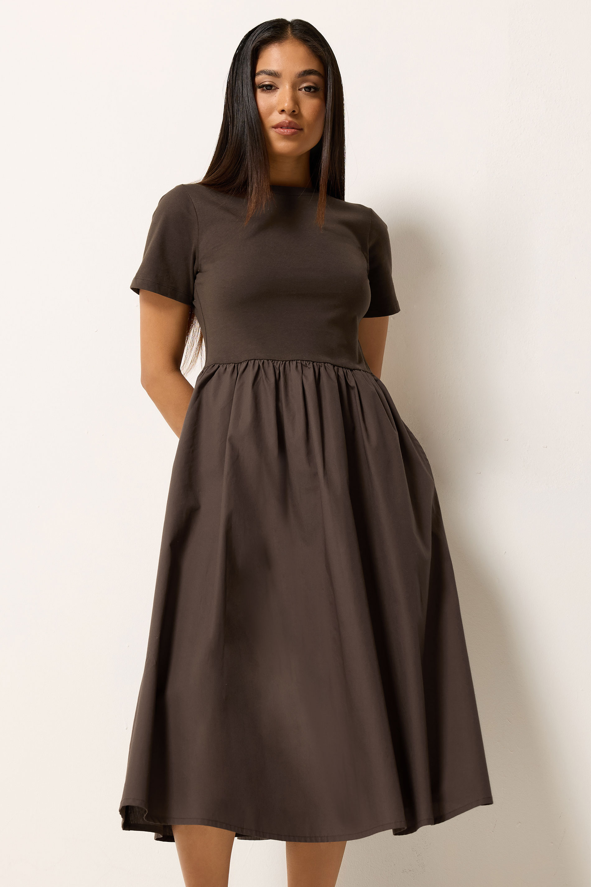 M&Co Petite Chocolate Brown Short Sleeve Cotton Midi Dress | M&Co 1