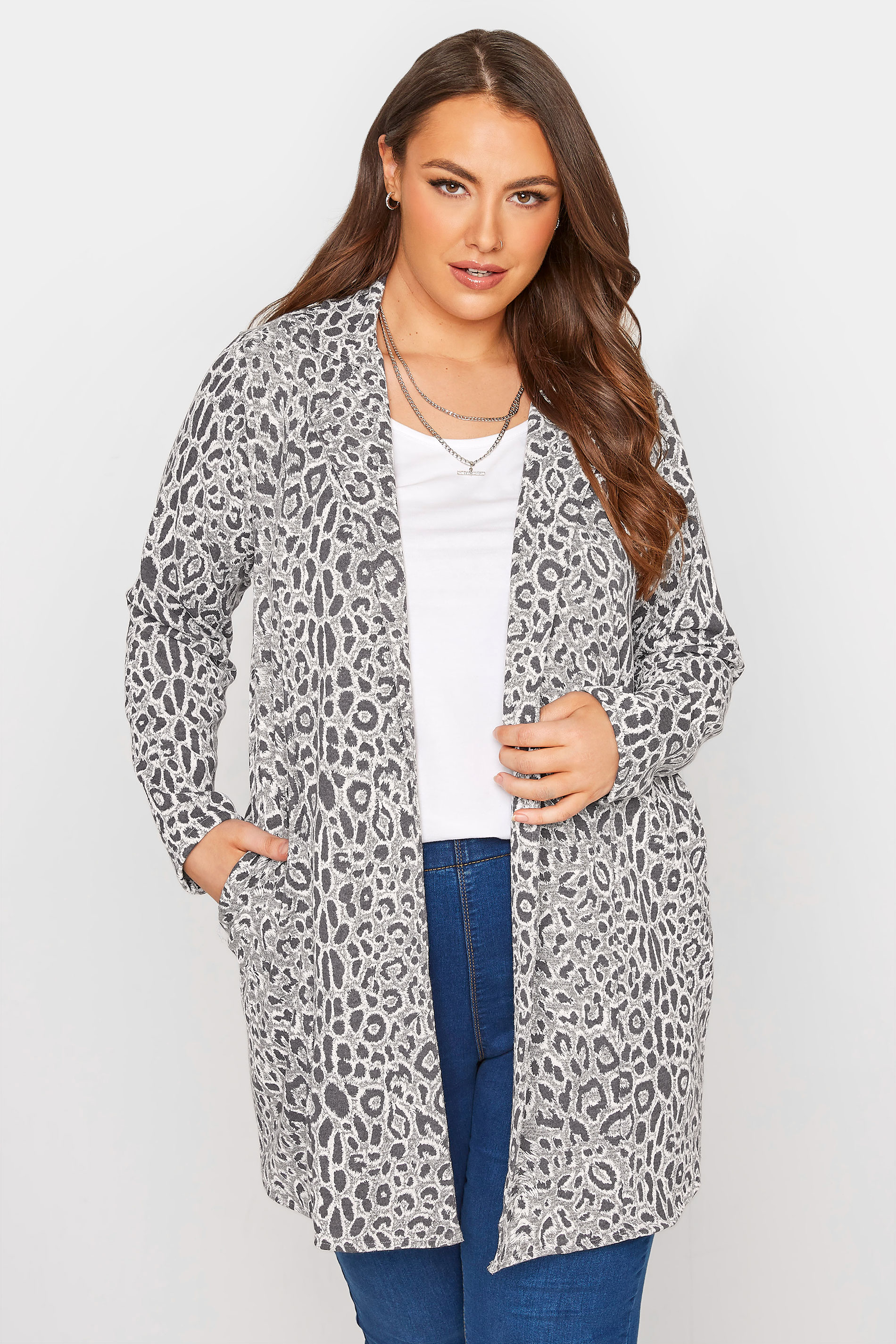 Plus Size Grey Leopard Print Longline Blazer | Yours Clothing 1
