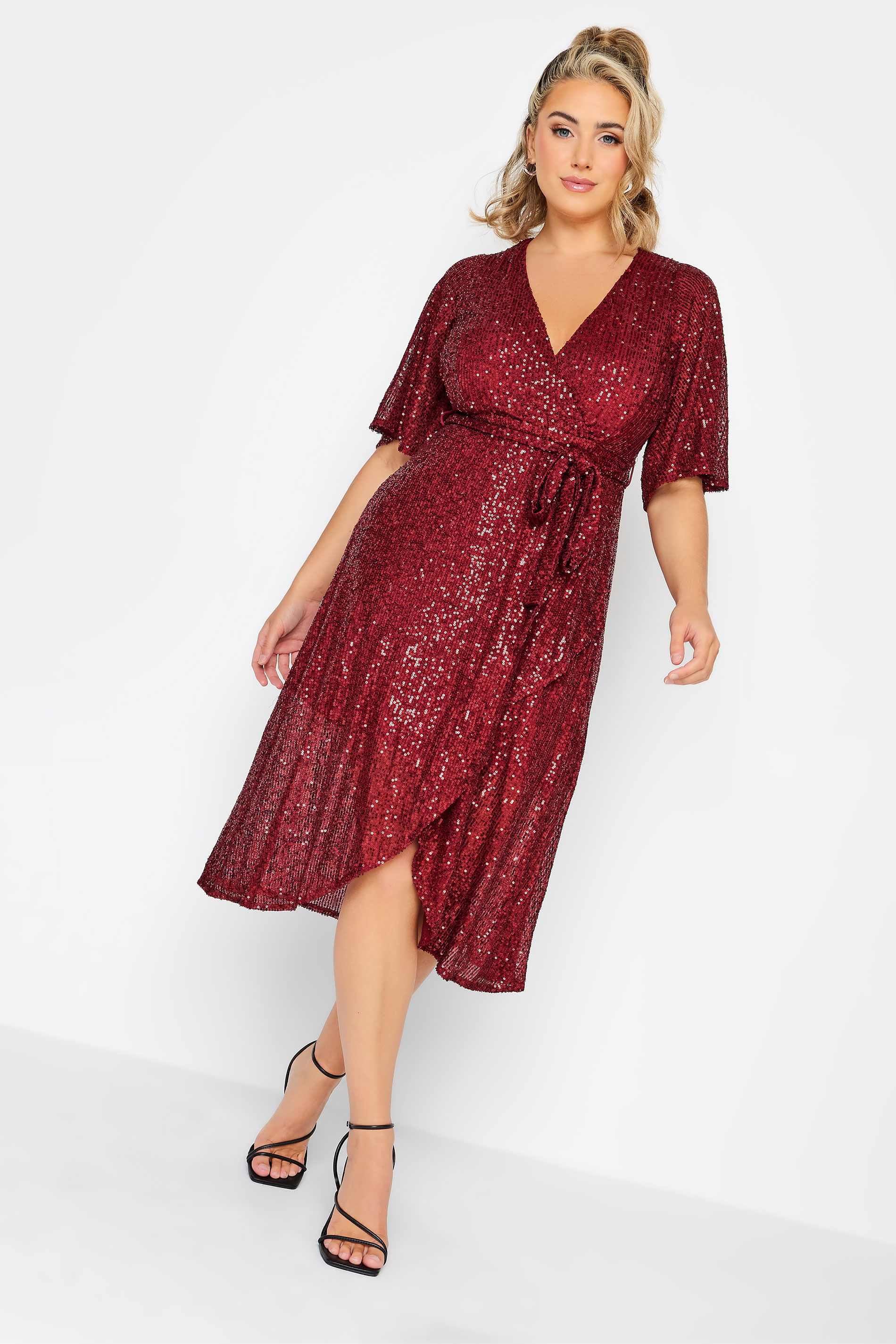 YOURS LONDON Plus Size Red Sequin Embellished Double Wrap Dress | Yours Clothing 1