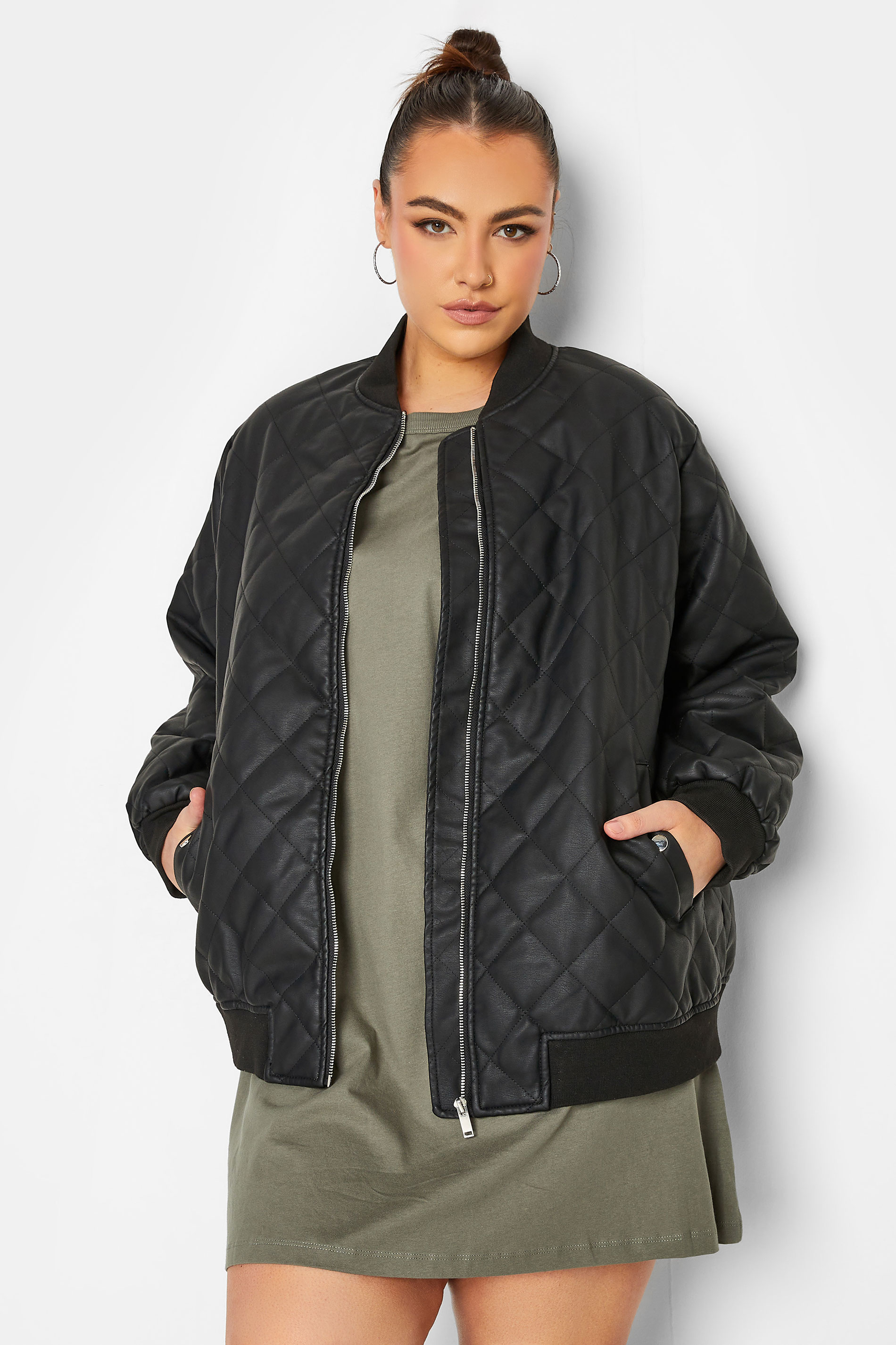 Plus Black Quilted Leather Bomber Jacket | Yours Clothing
