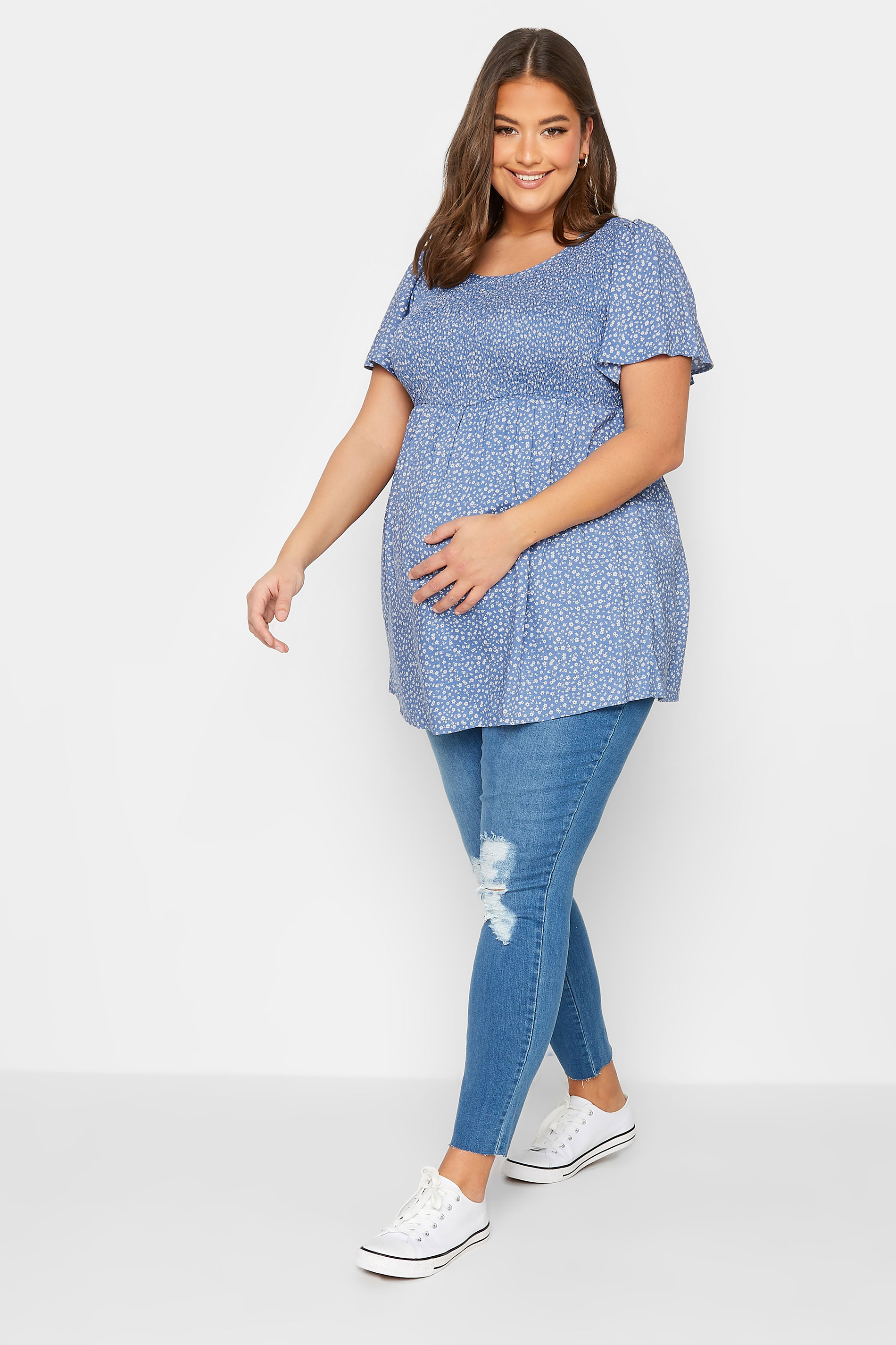 BUMP IT UP MATERNITY Plus Size Blue Spot Print Shirred Top | Yours Clothing 2