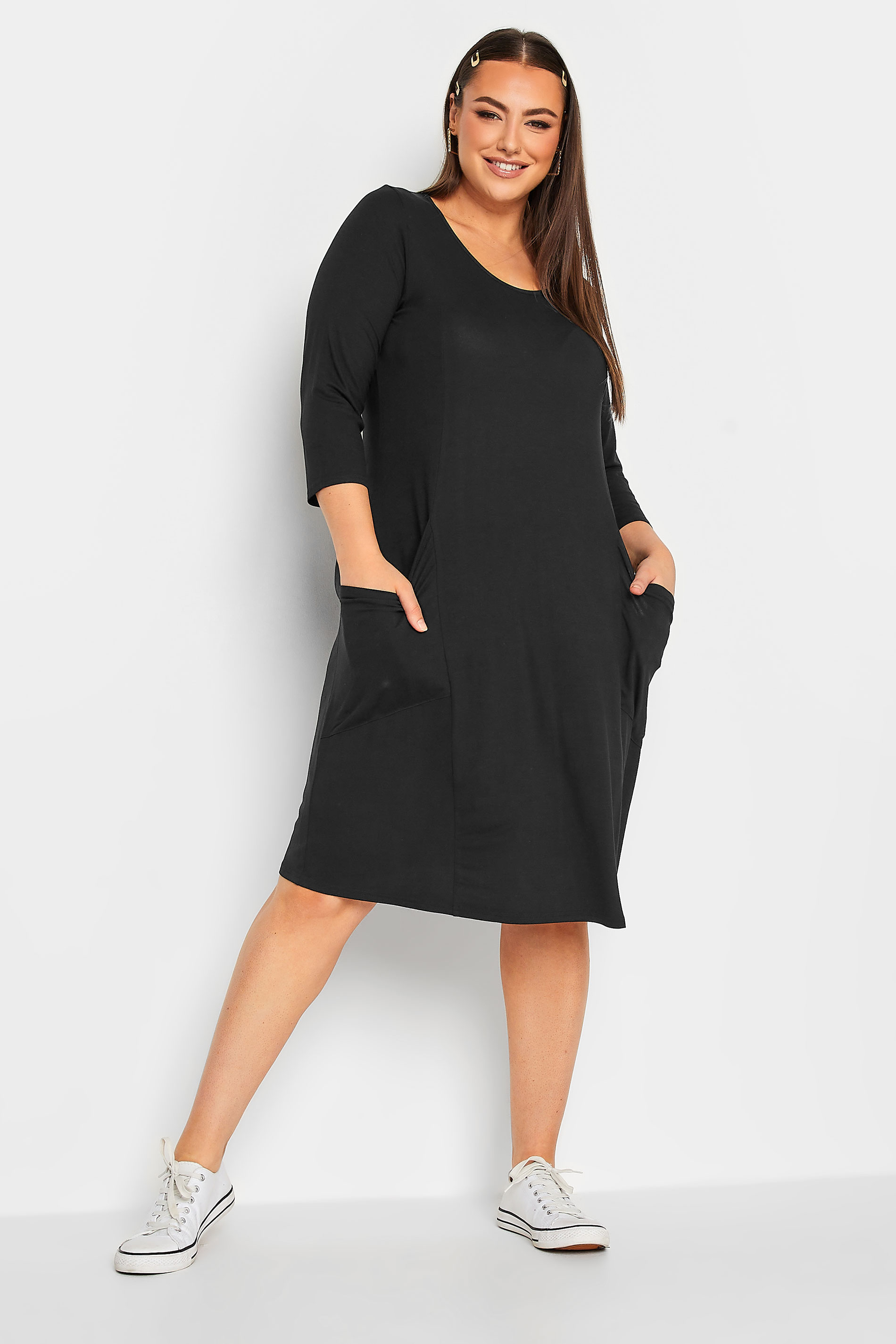 YOURS FOR GOOD Curve Black 3/4 Sleeve Drape Pocket Dress | Yours Clothing 1