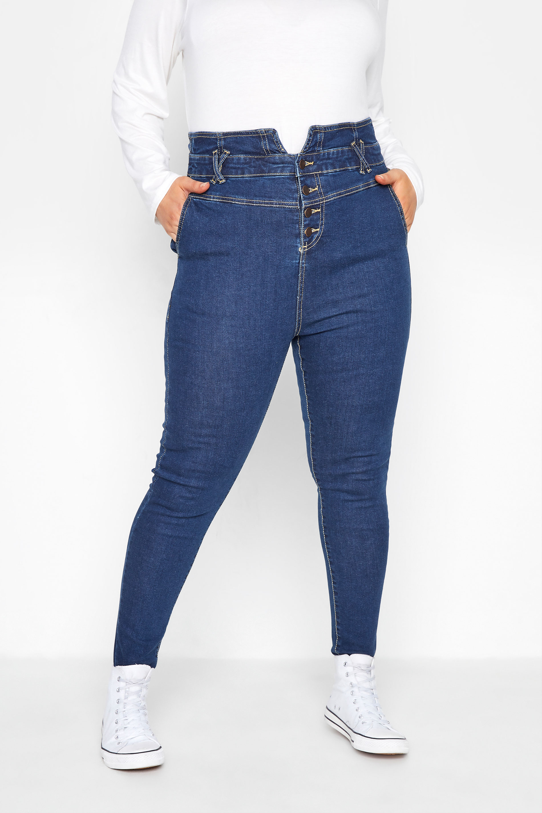 Plus Size Blue Corset Waist Skinny AVA Jeans | Yours Clothing 2
