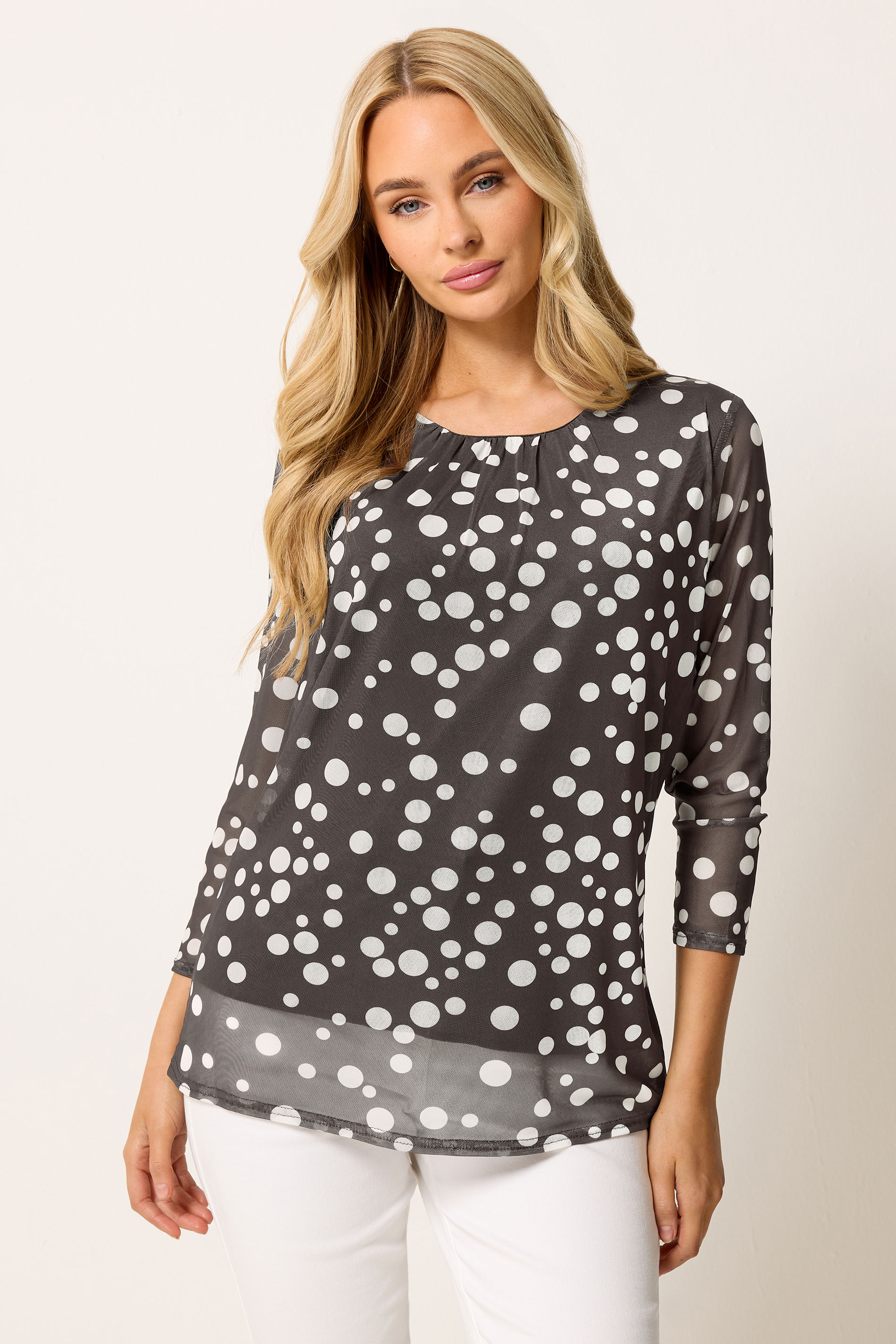 M&Co Brown Polka Dot Print Crew Neck Mesh Top | M&Co 3